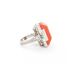 Architectural Coral & Diamond Ring in Platinum