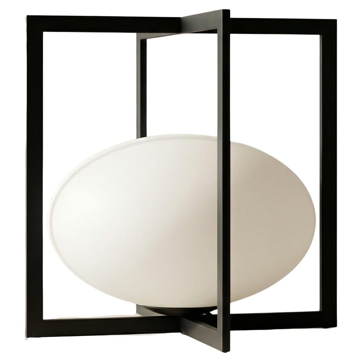 Architectural Cube Lámpara de sobremesa Metal negro Vidrio opalino Modernista Años 70 en venta