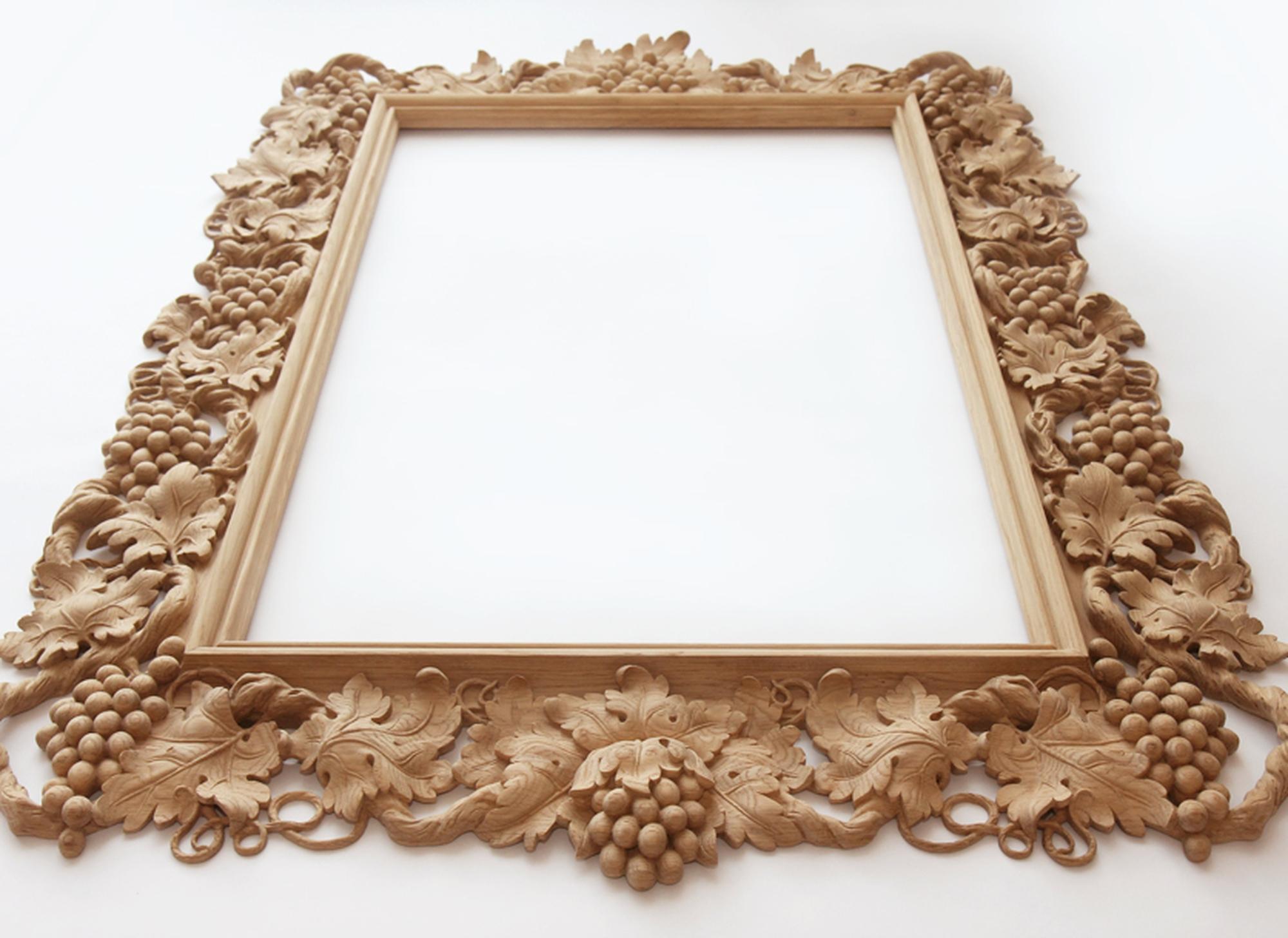 Unfinished High quality wood carving mirror frame from oak or beech of your choice.

>> SKU: RM-013

>> Dimensions  (A x B x C x d x e):

- 52,95