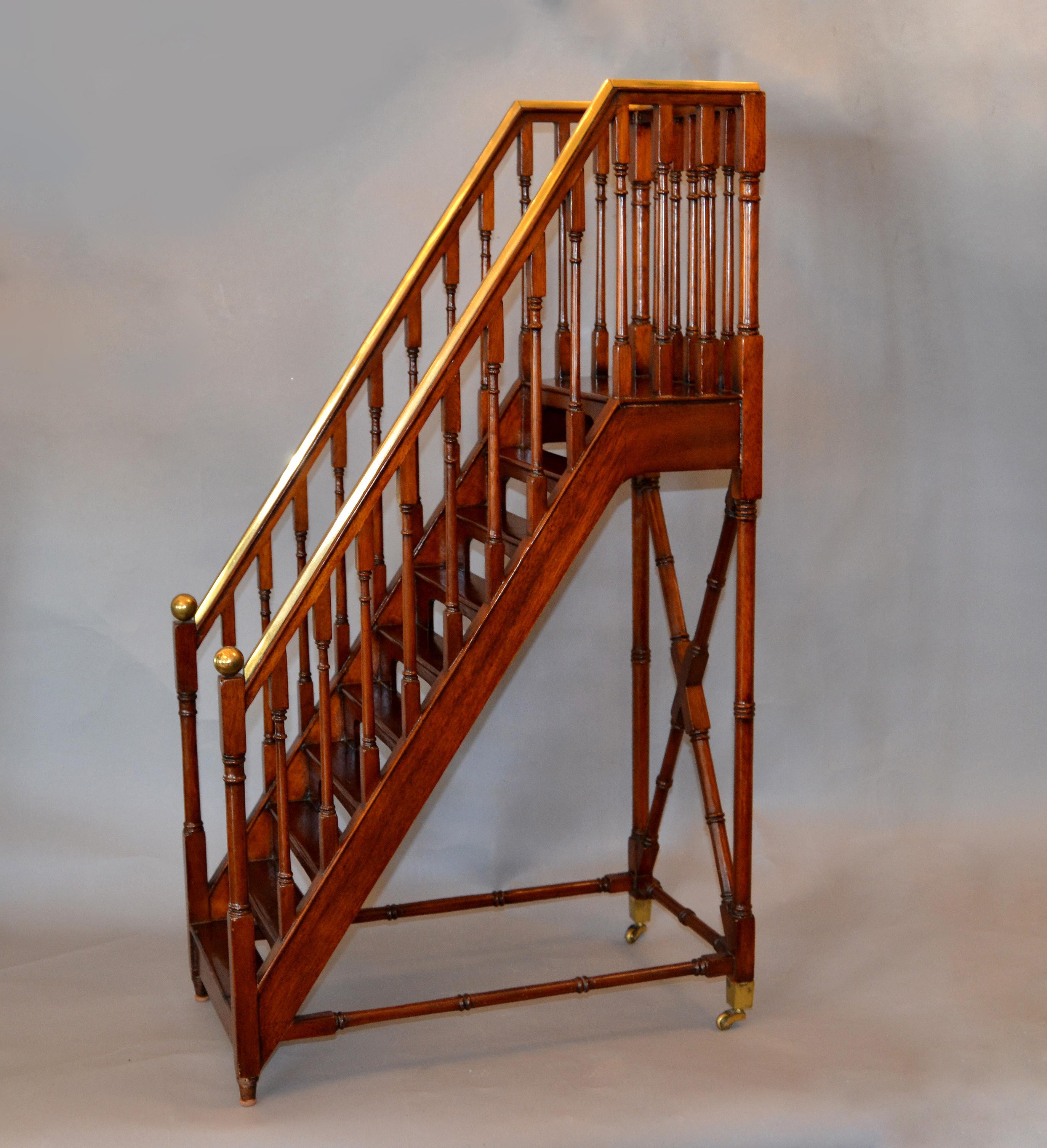 Architectural Decorative Victorian Walnut and Brass Library Steps Ladder, Stairs 4