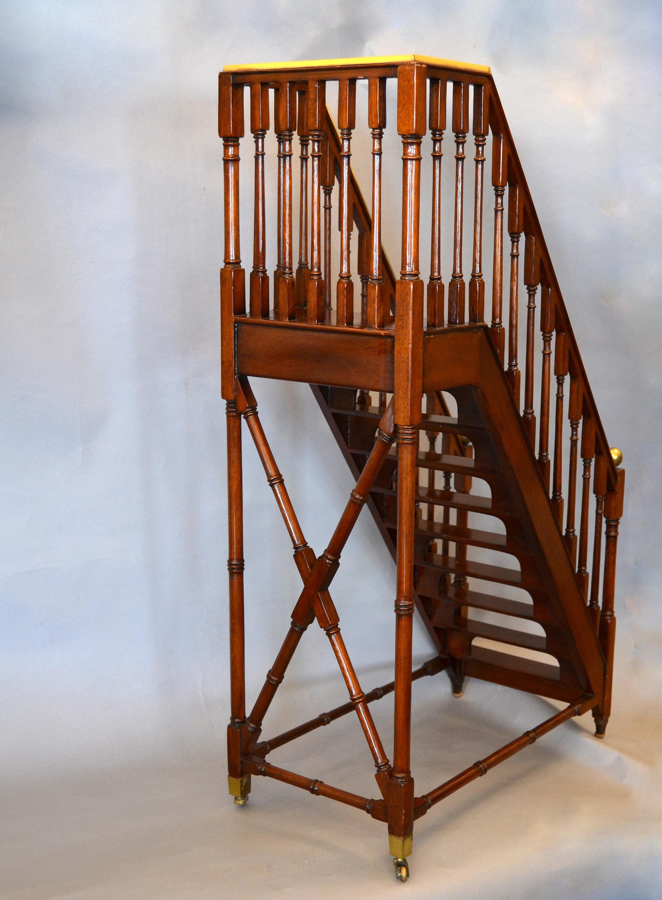 American Architectural Decorative Victorian Walnut and Brass Library Steps Ladder, Stairs