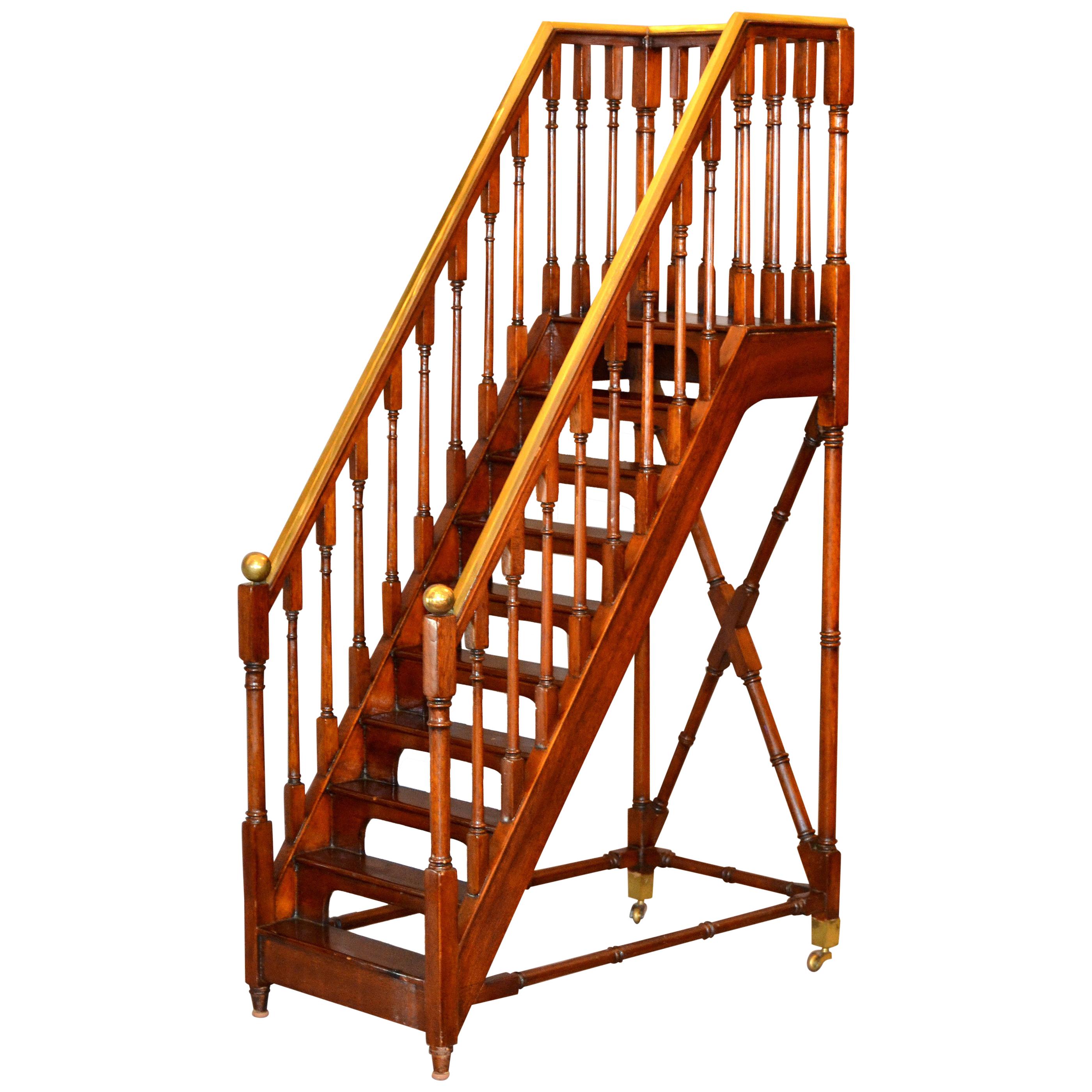 Architectural Decorative Victorian Walnut and Brass Library Steps Ladder, Stairs