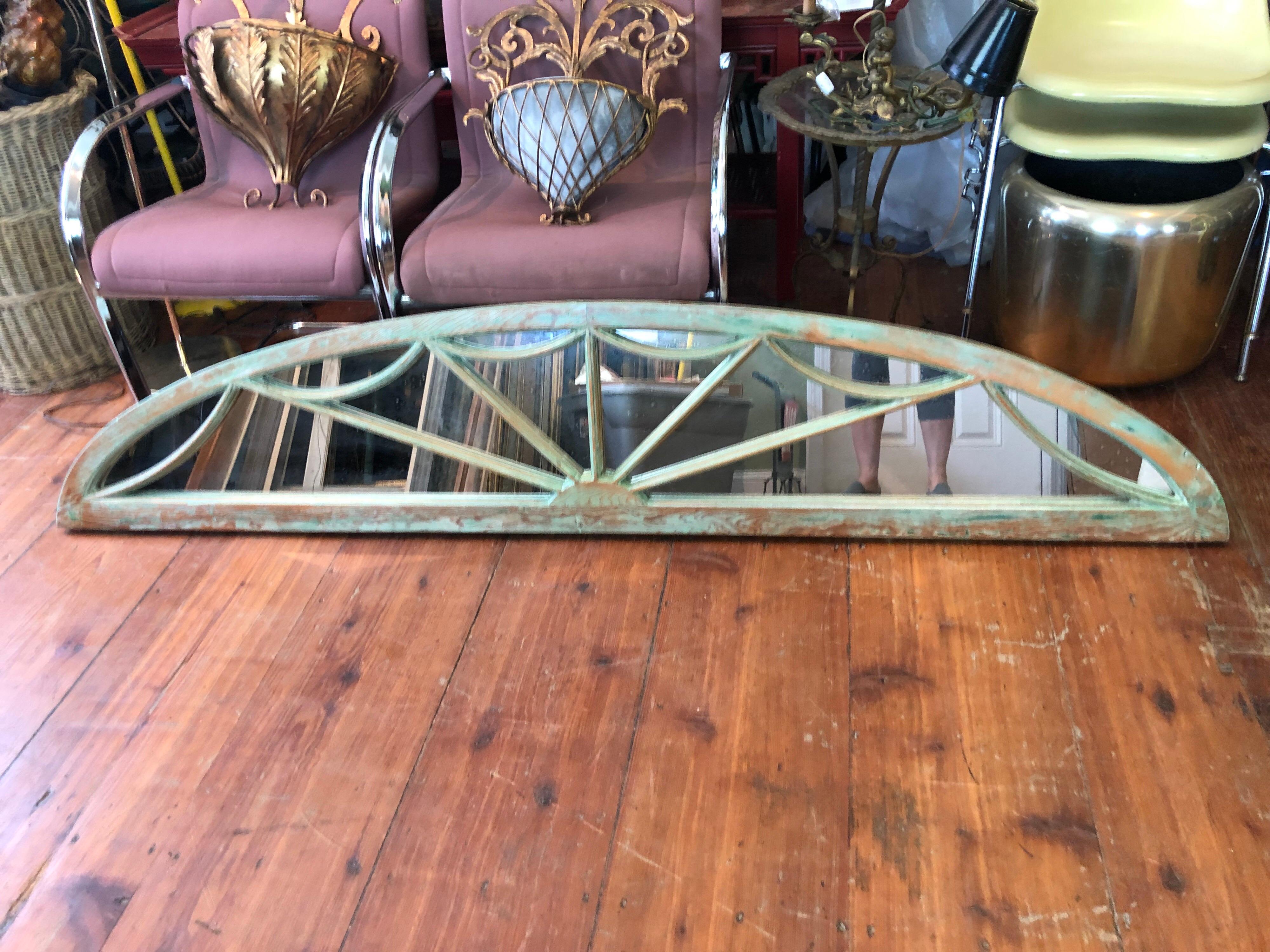 Architectural demilune transom mirror. Nice green washed pine wood.