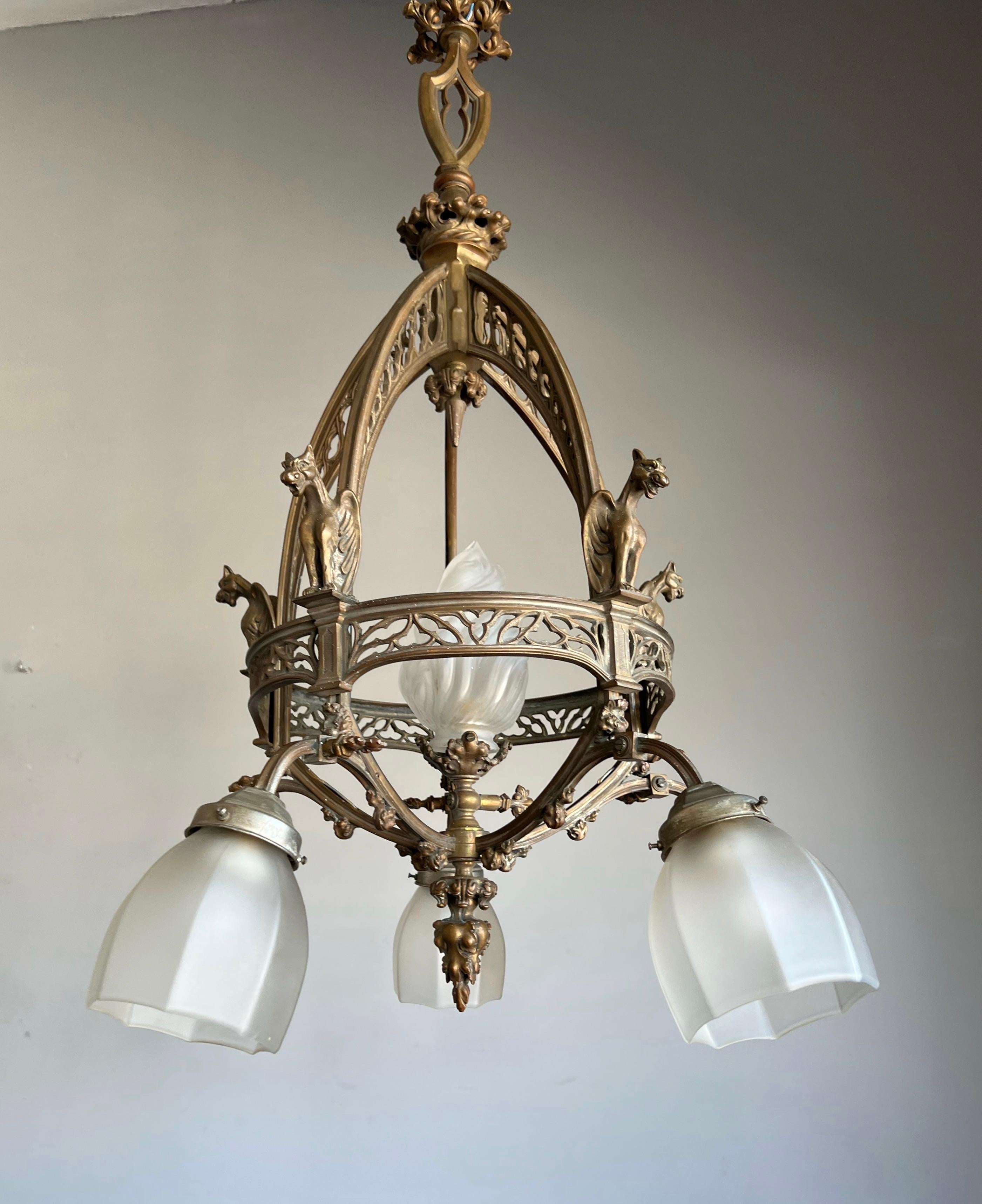 French Architectural Design Bronze Gothic Revival Winged Gargoyle Sculptures Chandelier For Sale