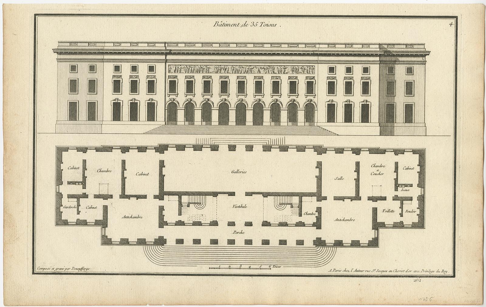 Élévations architecturales et plans d'étage - Bâtiment de 36 Toises & Bâtiment de 30 Toises par Neufforge, c.1756

Cette planche d'architecture finement gravée par Jean-François de Neufforge (1714-1791) présente deux projets de construction