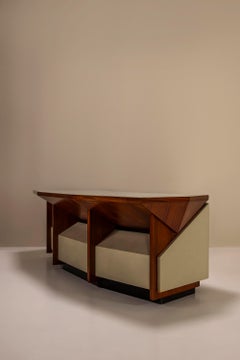 Architectural Desk In Mahogany And Relief Textured Leather, Italy 1960's