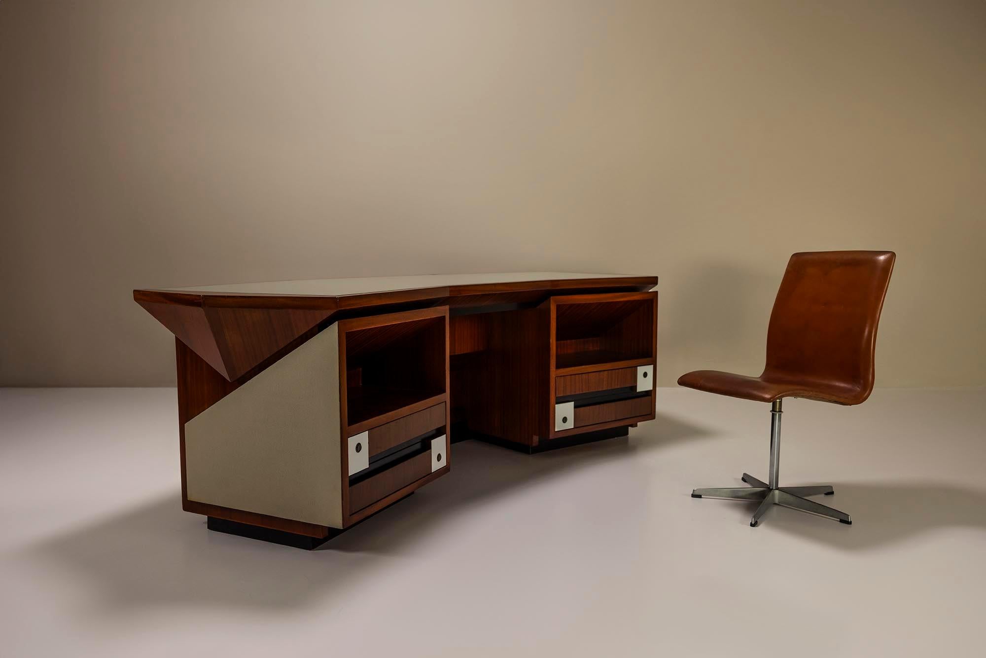 Italian Architectural Desk In Mahogany And Relief Textured Leather, Italy 1960's