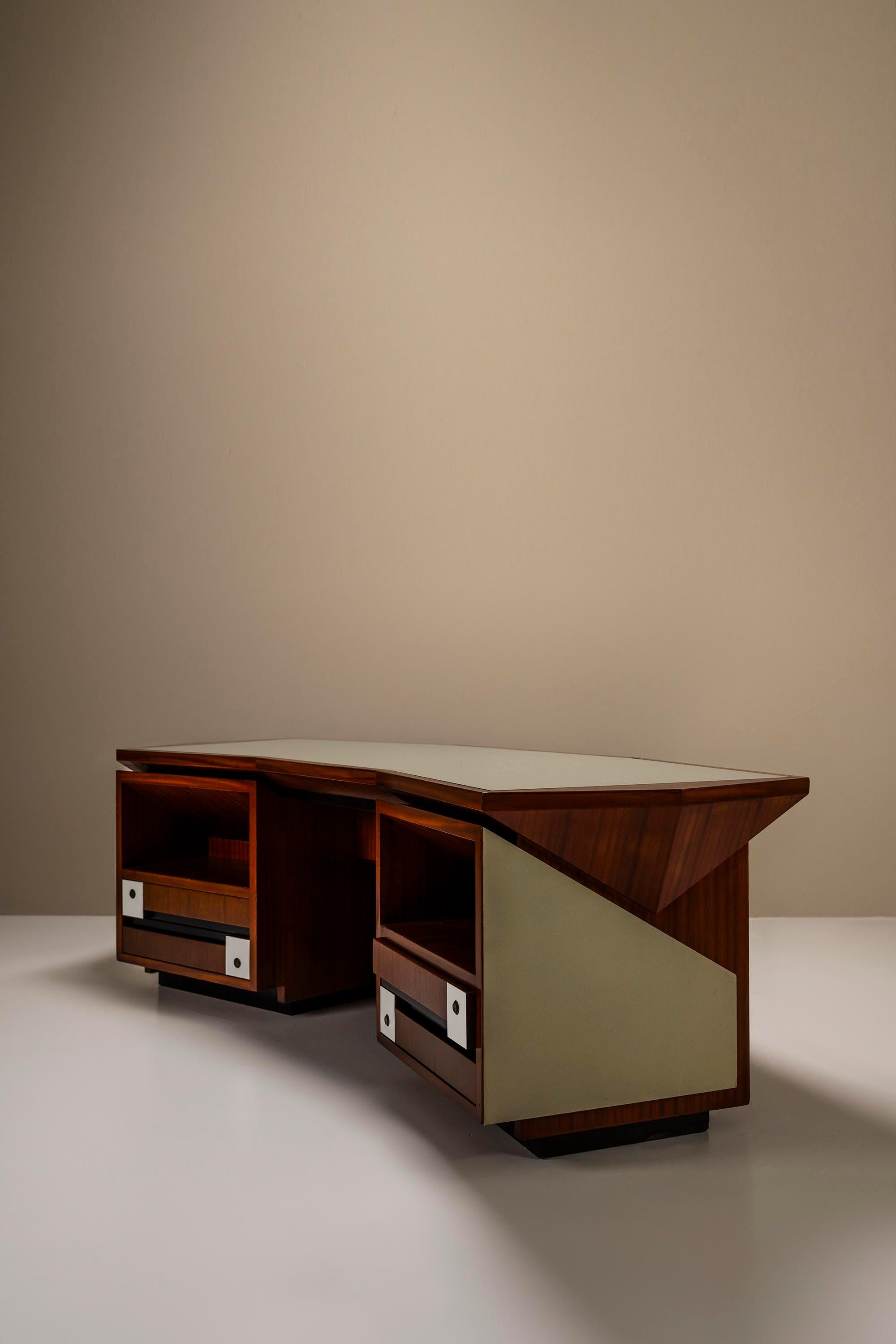 Mid-20th Century Architectural Desk In Mahogany And Relief Textured Leather, Italy 1960's