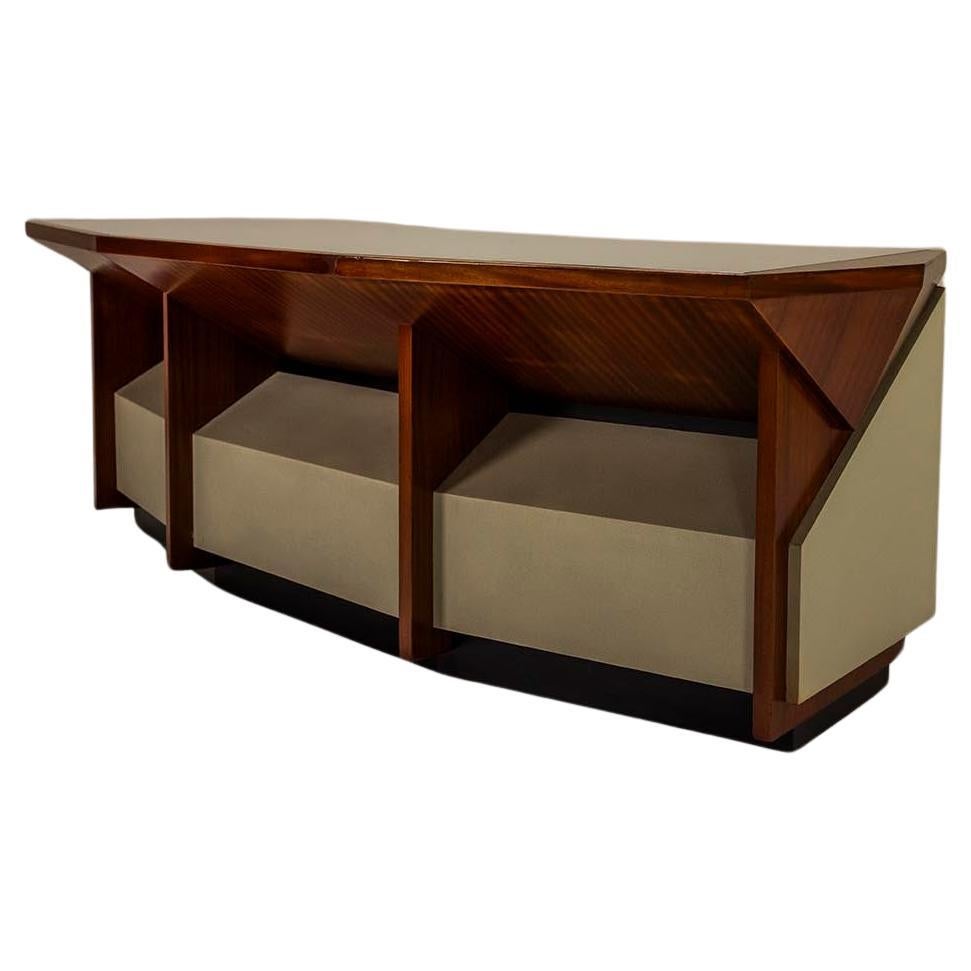 Architectural Desk In Mahogany And Relief Textured Leather, Italy 1960's