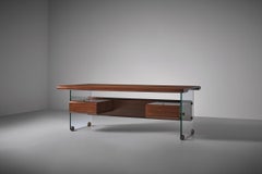 Architectural Desk in Wood, Glass and Brass, Italy 1960s