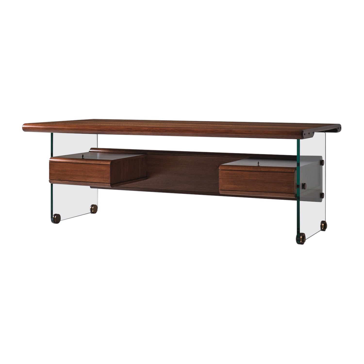Architectural Desk in Wood, Glass and Brass, Italy 1960s For Sale