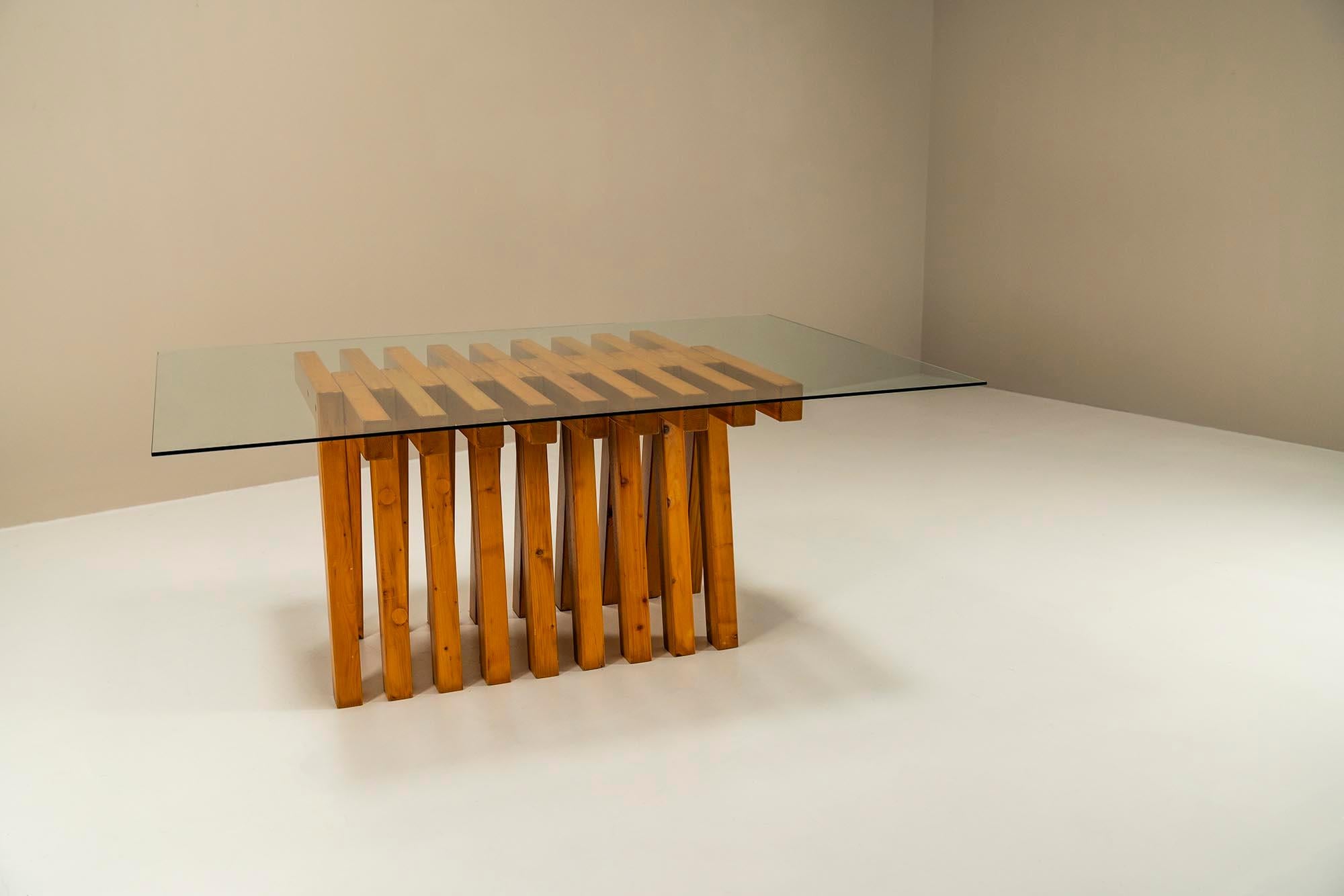 Italian Architectural Dining Table In Pine And Glass, Italy 1970s