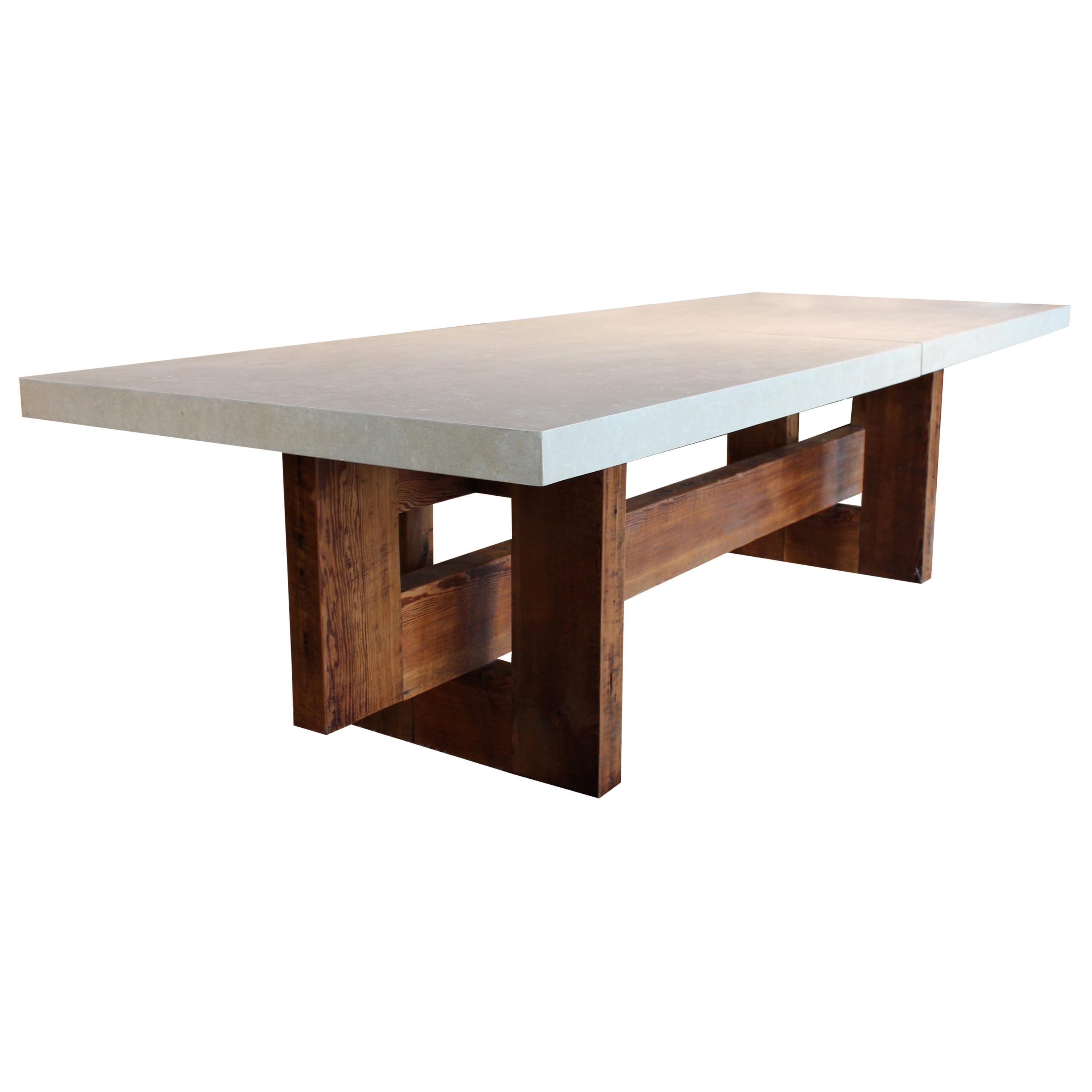 Architectural Dining Table with Reclaimed Pine Beams & Two Section Limestone Top For Sale
