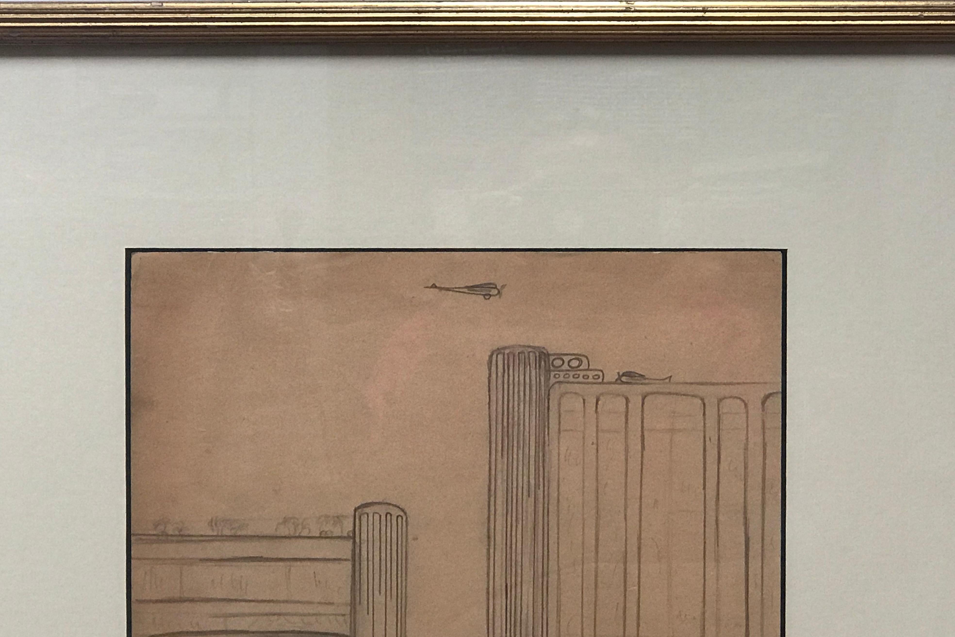 Eligible signed architectural drawing of a futuristic scape. It sits in its original gilded frame.