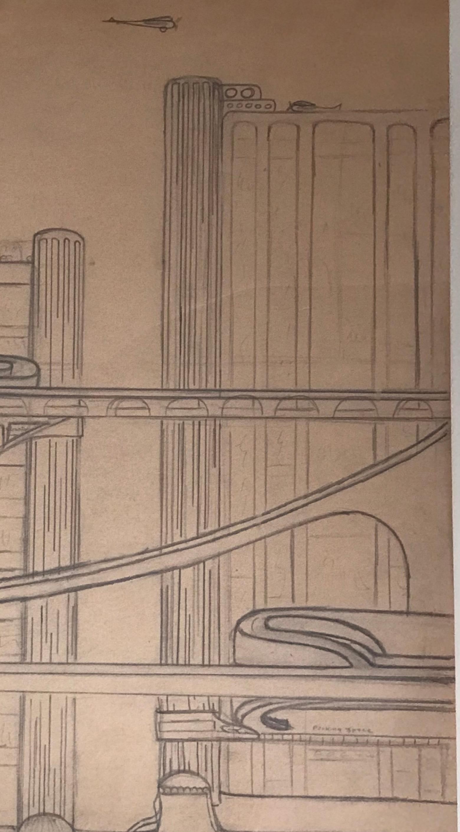 Mid-Century Modern Architectural Drawing of a Futuristic Cityscape