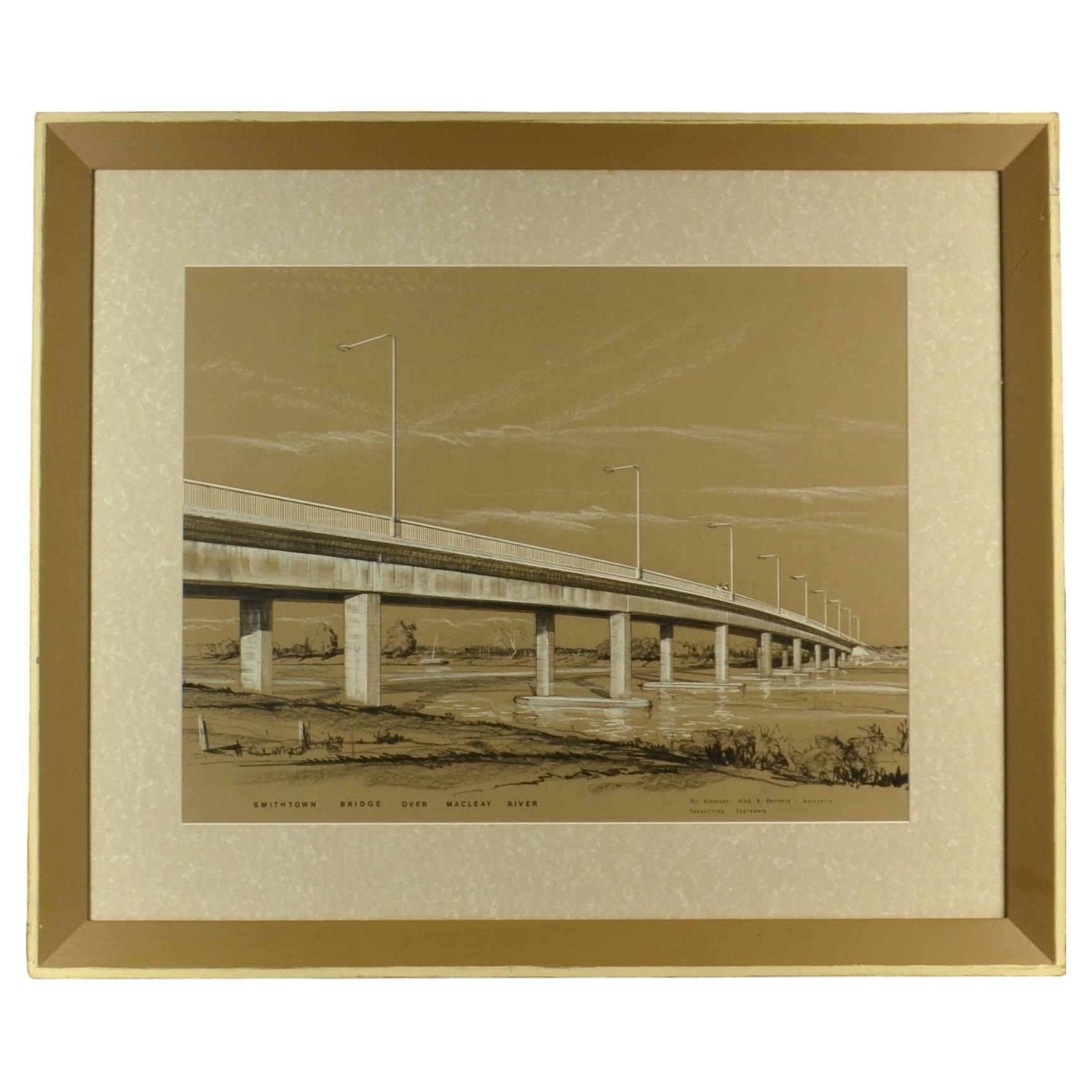 Architectural Drawing of Smithtown Bridge Australia by Gibb 1950's Framed For Sale