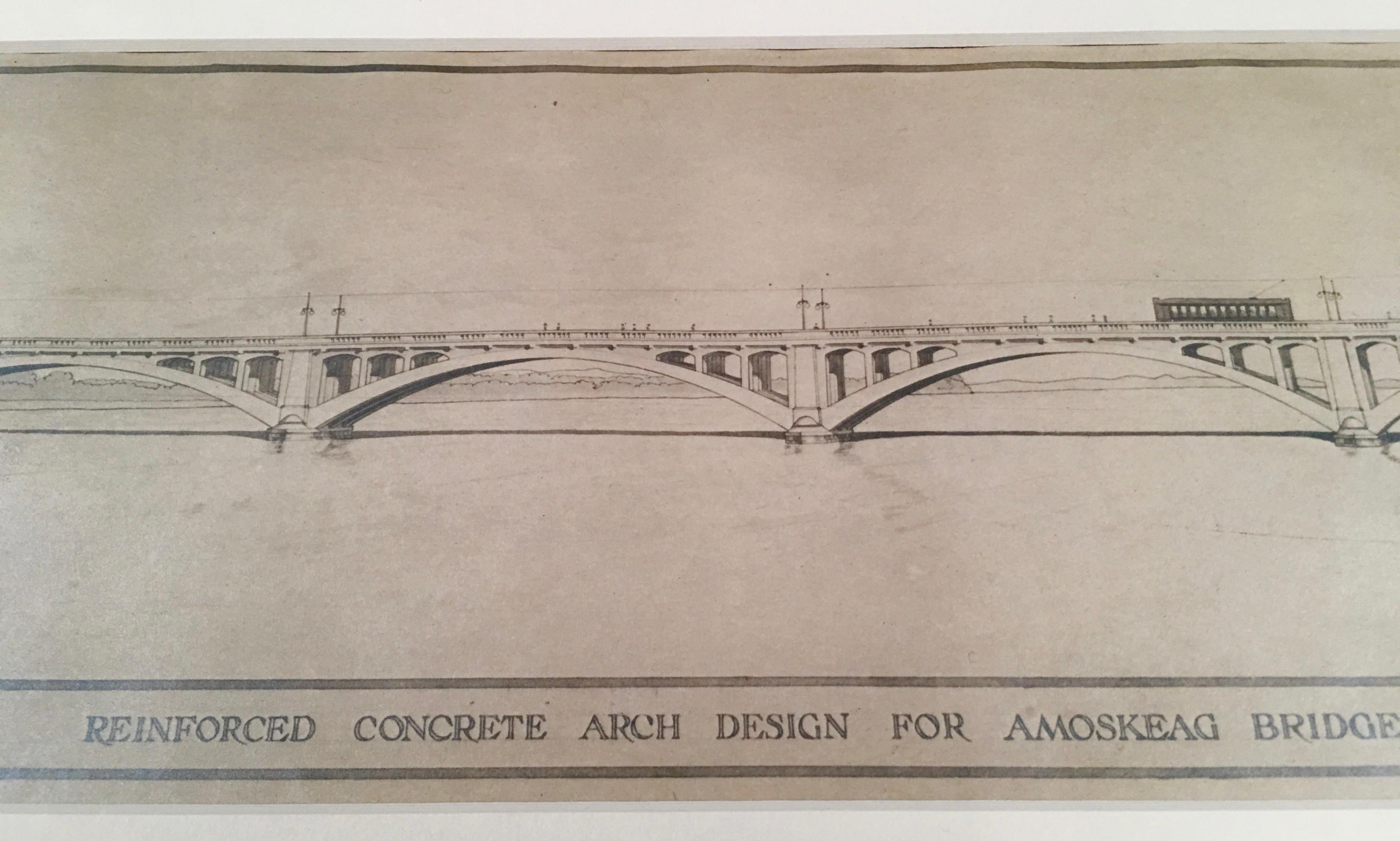 A finely rendered architectural pencil drawing of the Amoskeag Bridge, Manchester, New Hampshire, American, circa 1920. The bridge is beautifully and very precisely delineated, with light posts and an electric tram crossing it and a train locomotive