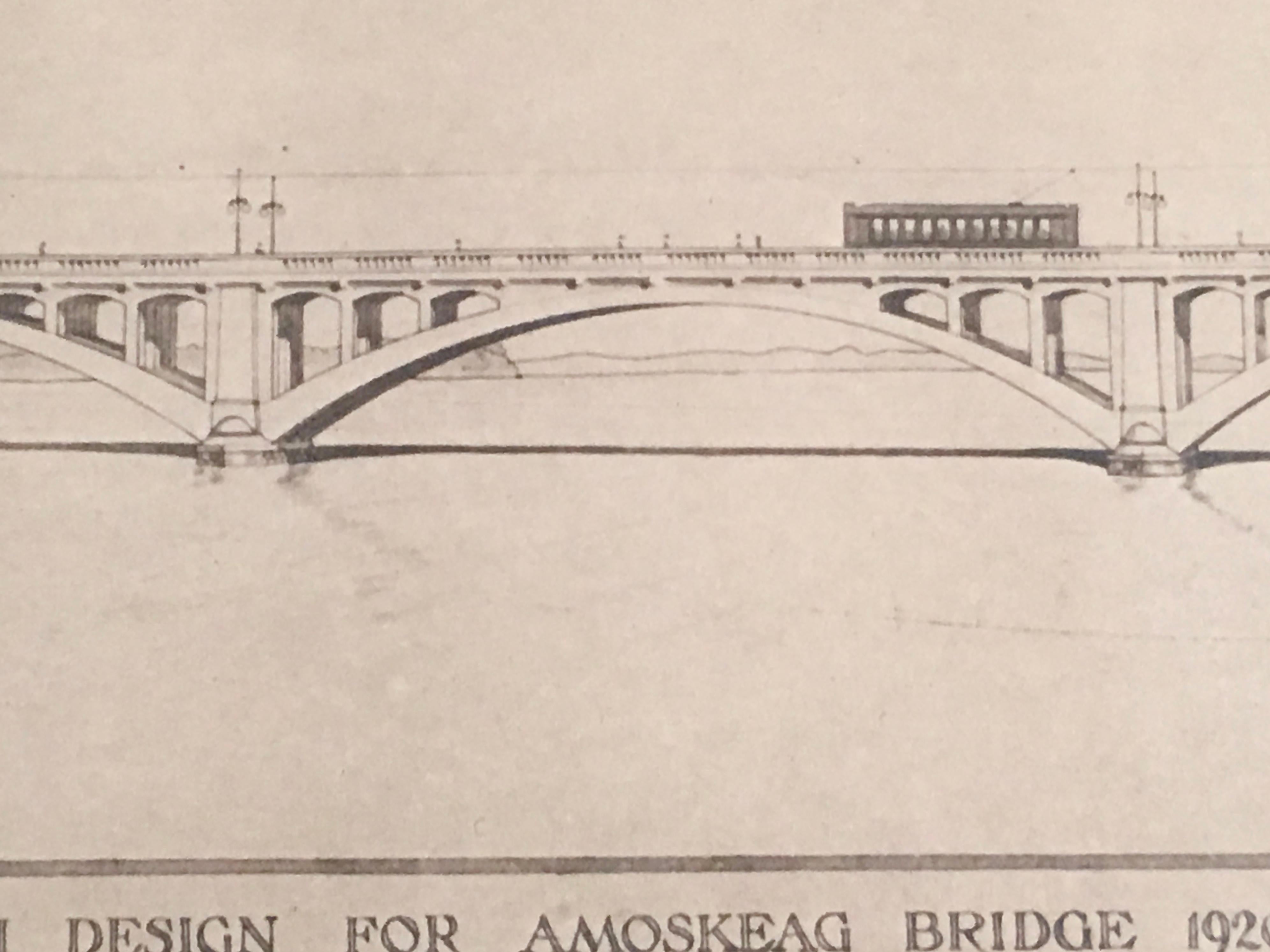 American Architectural Drawing of the Amoskeag Bridge Manchester New Hampshire circa 1920