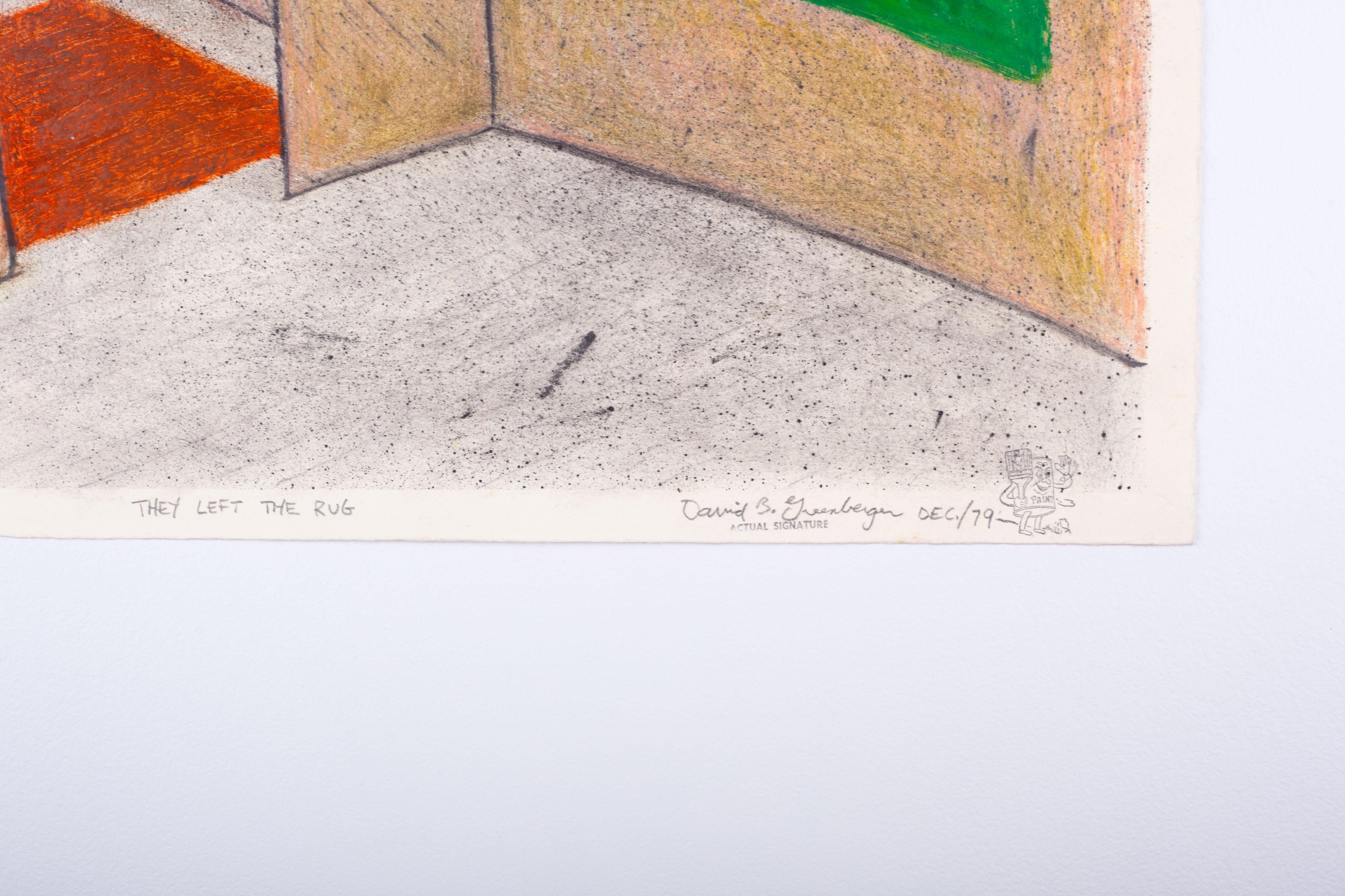 They Left The Rug von David Greenberger, signiert und datiert 1979. Pastell und Farbstift auf Papier.
Original-Pastellzeichnung eines leeren Innenraums: minimale Komposition aus einfachen geometrischen Formen, die mit Ölpastellkreiden reich