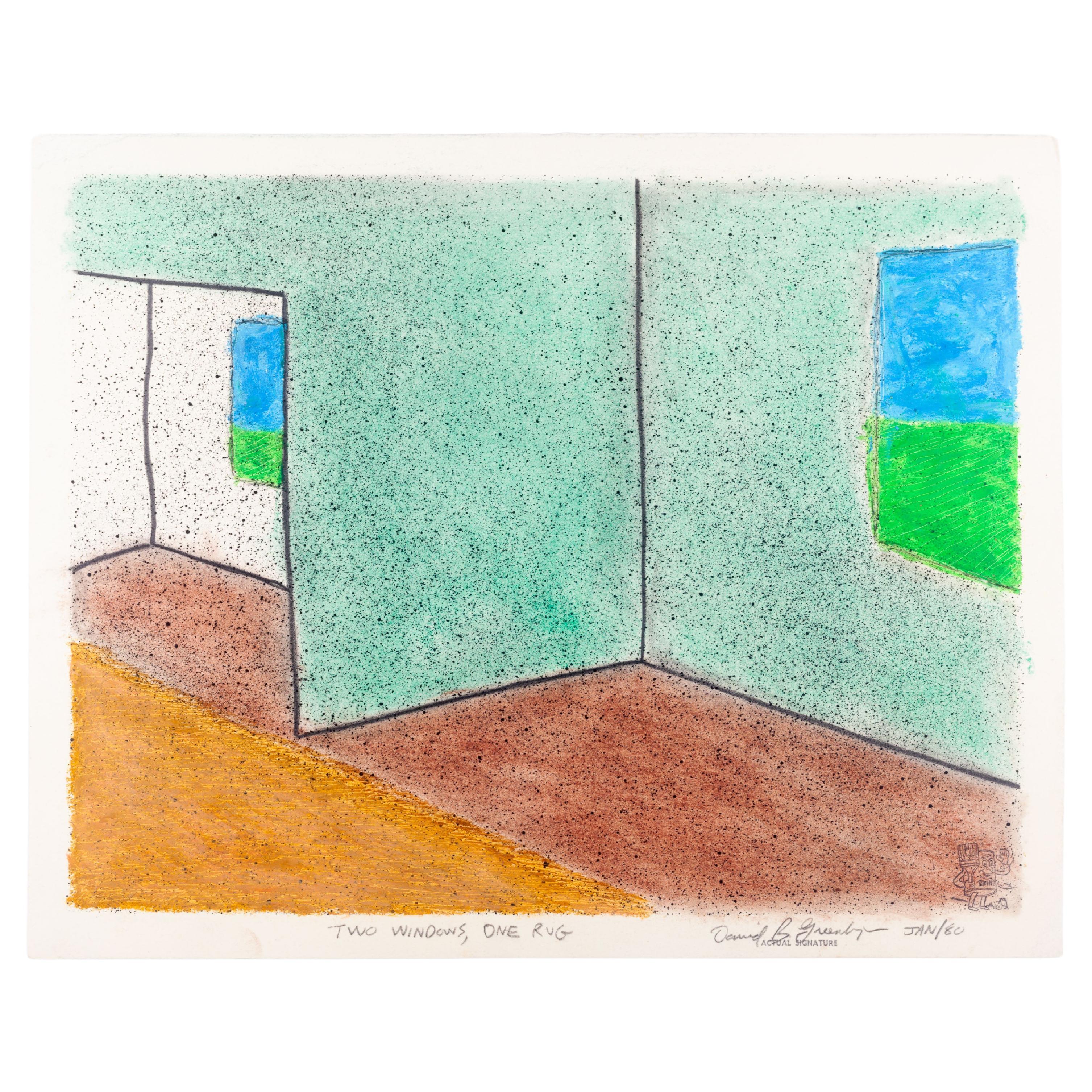 Architektonische Zeichnung „Zwei Fenster, ein Teppich“ von David Greenberger, signiert 1980