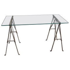 Architectural Early 20th Century Trestle Table Glass Top