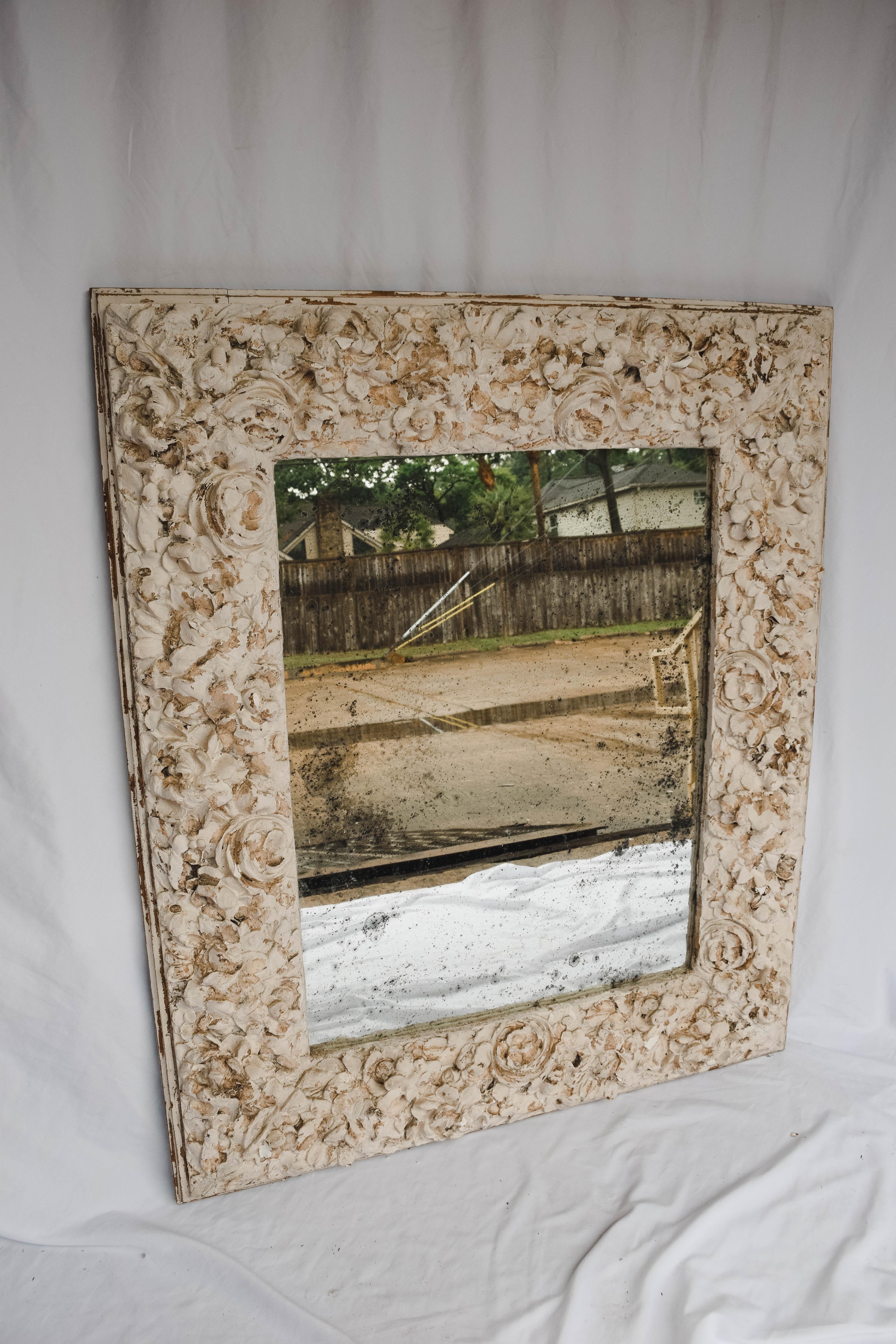 This architectural element framed mirror is a romantic piece. Would be lovely in a powder bath or entry. It was purchased in the south of France from a dealer who specializes in curating pieces destined for the trash to create these beautiful