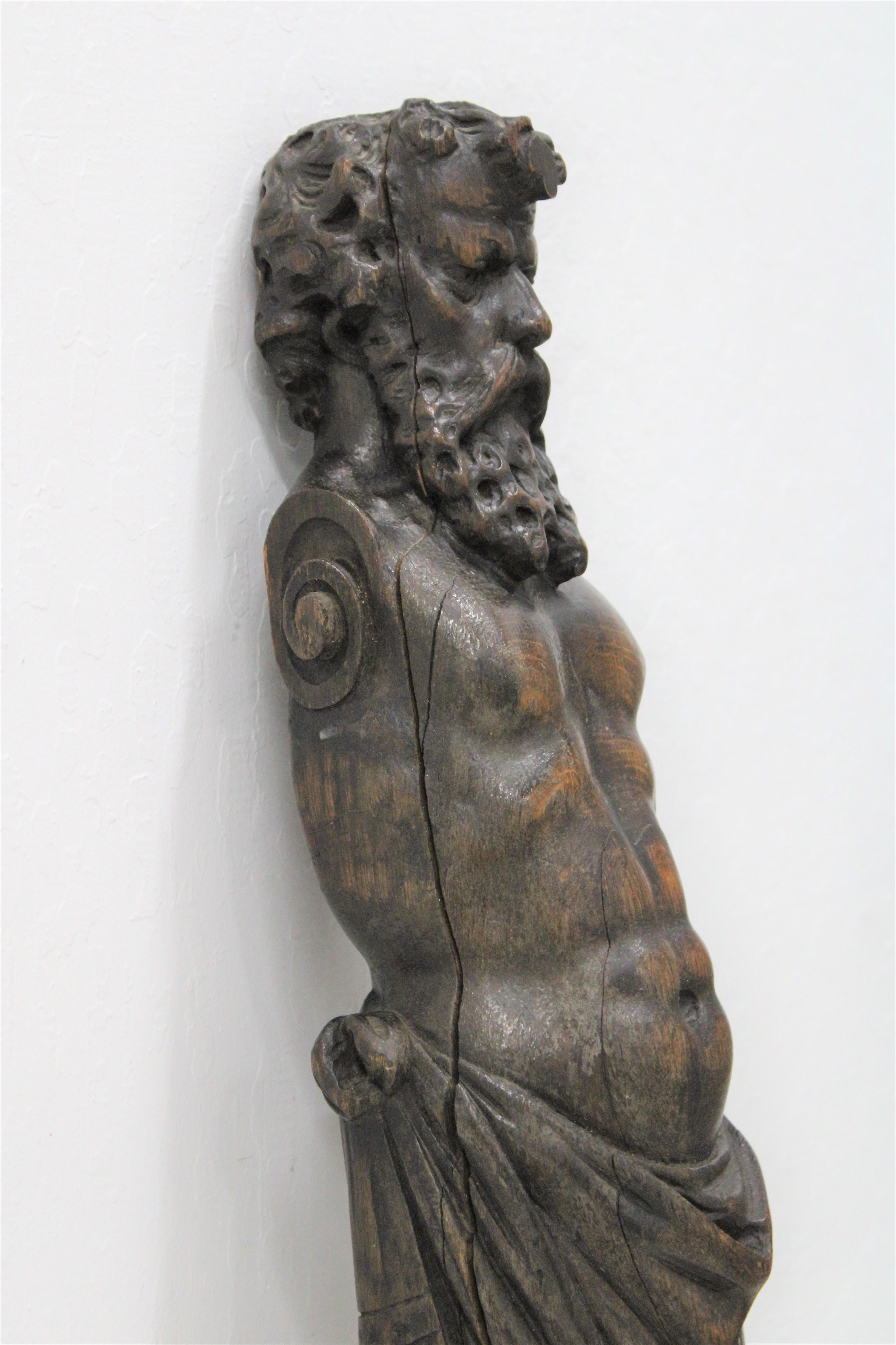 Architectural Element Hand Carved Walnut Figure Depicting Zeus In Good Condition For Sale In San Francisco, CA