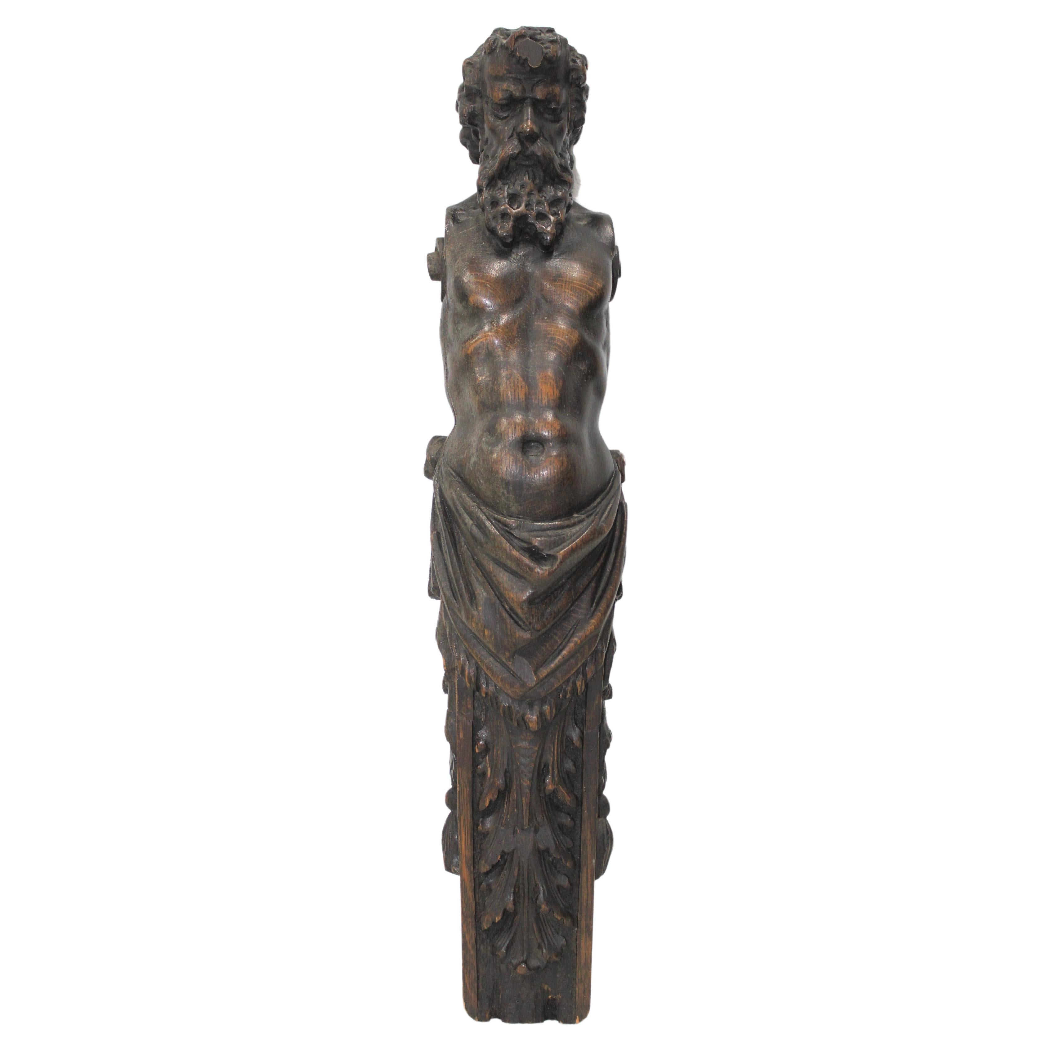 Architectural Element Hand Carved Walnut Figure Depicting Zeus For Sale