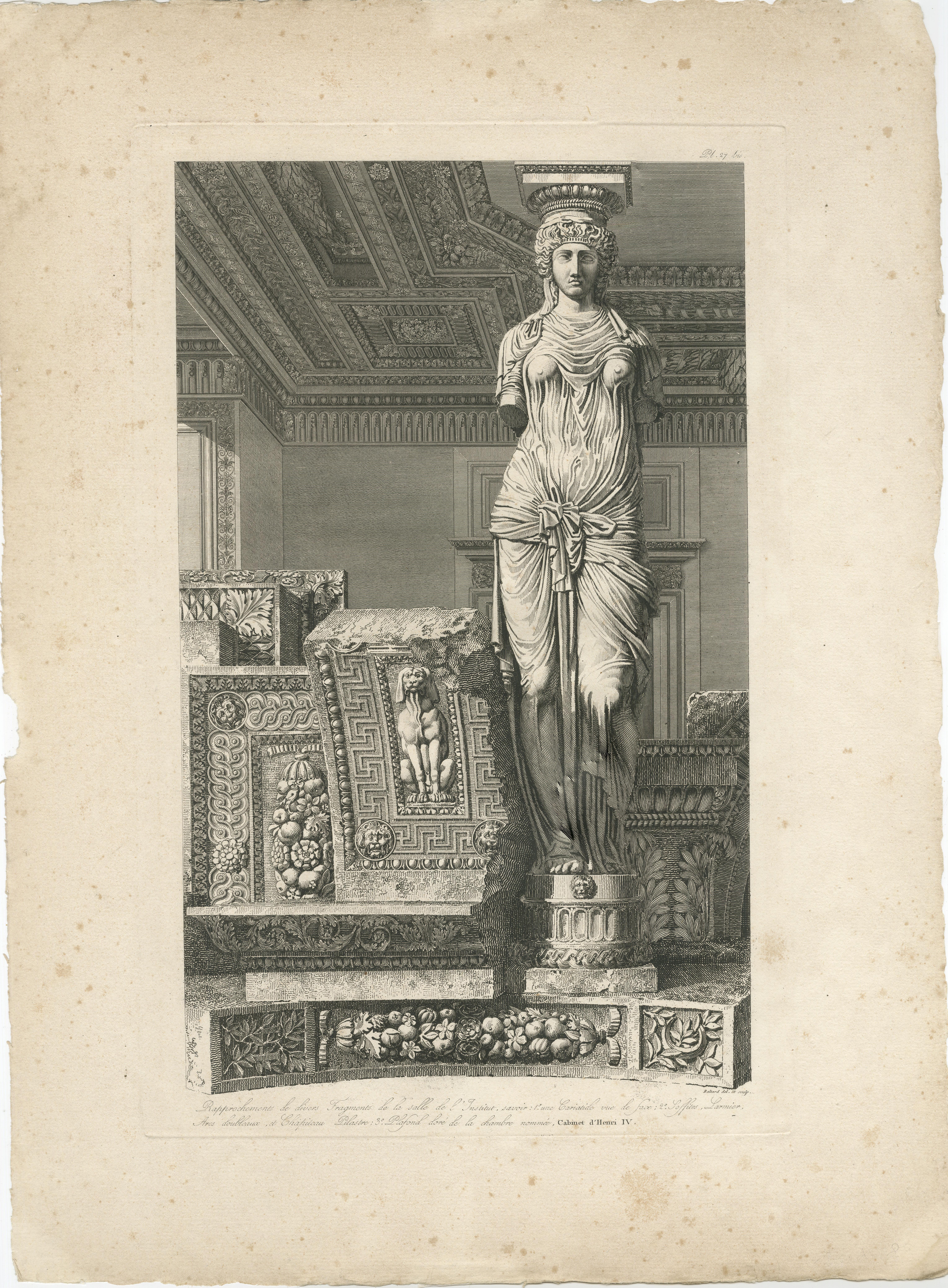 Antiker architektonischer Kupferstich einer Karyatide, Cabinet d'Henri IV, von Baltard, 18.

Dieser Stich zeigt eine detailreiche Karyatidenfigur, die von Fragmenten klassischer Ornamente umgeben ist, darunter Reliefs mit Fruchtgirlanden,
