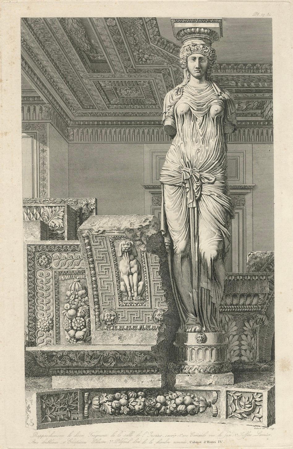 Architekturstich einer Karyatide, Cabinet d'Henri IV, von Baltard, ca.1800 (Französisch) im Angebot
