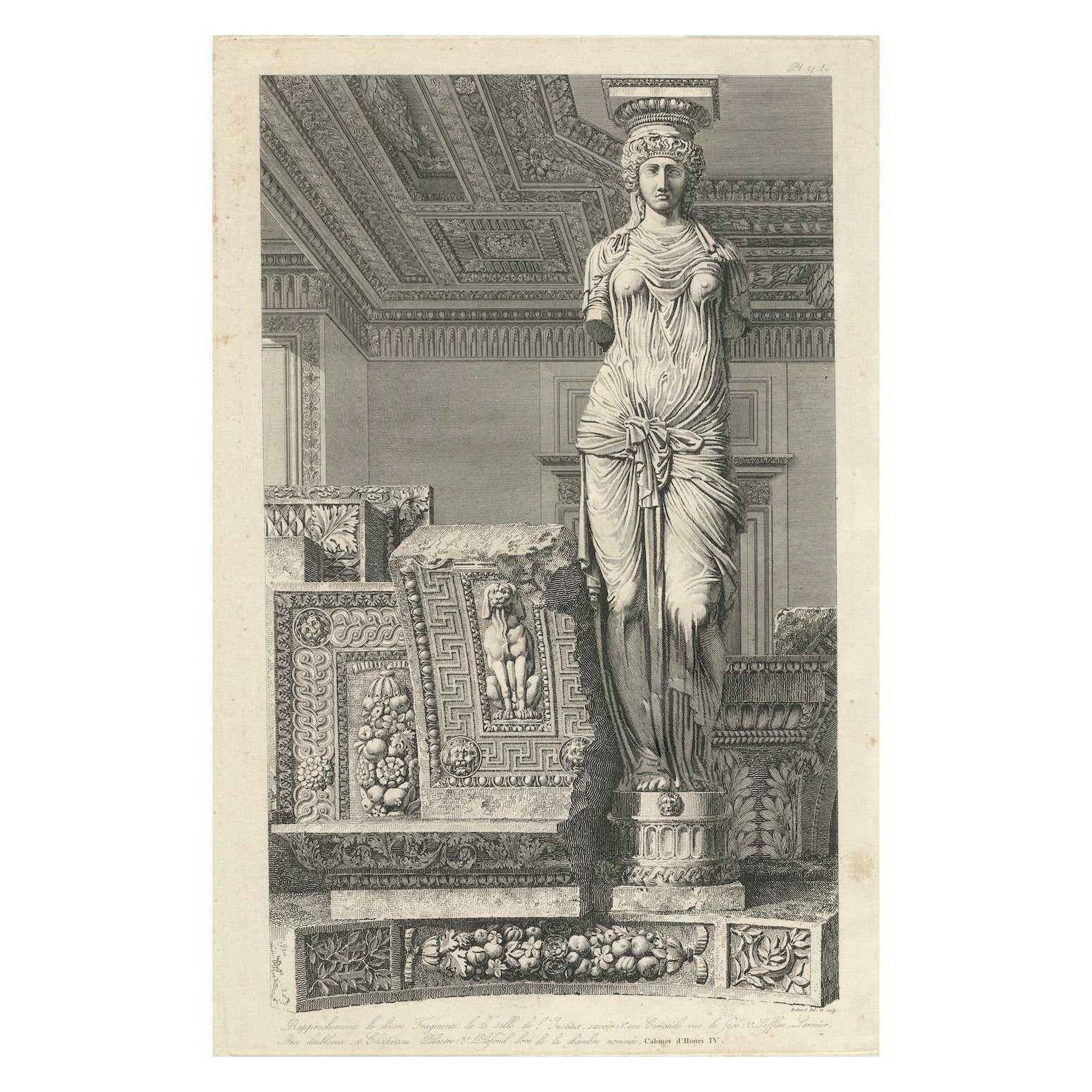 Architekturstich einer Karyatide, Cabinet d'Henri IV, von Baltard, ca.1800 im Angebot