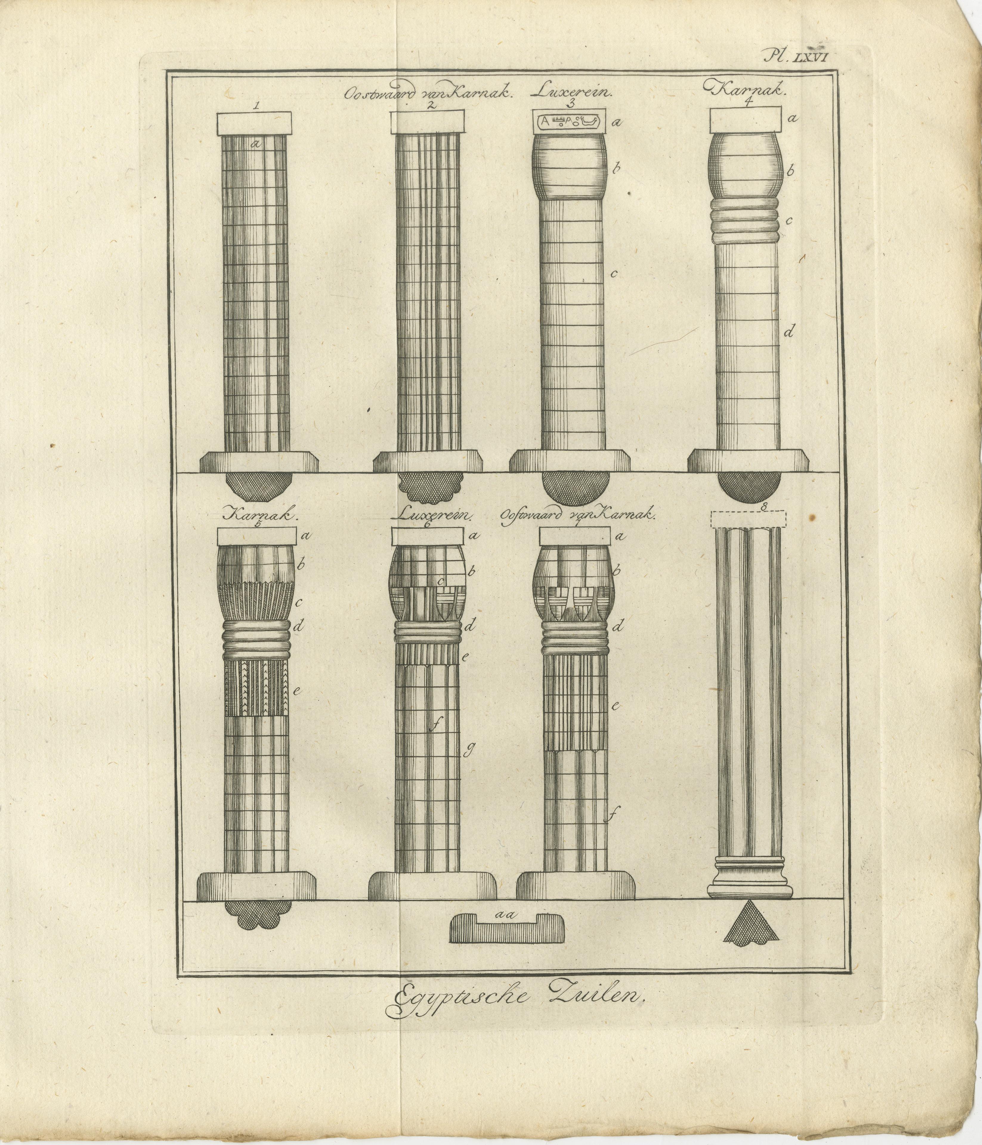 Titre : Gravure architecturale de colonnes et de chapiteaux de l'Égypte ancienne, c.1750.

Cette gravure architecturale ancienne présente une étude comparative de diverses colonnes et chapiteaux de l'Égypte ancienne, mettant en évidence leur
