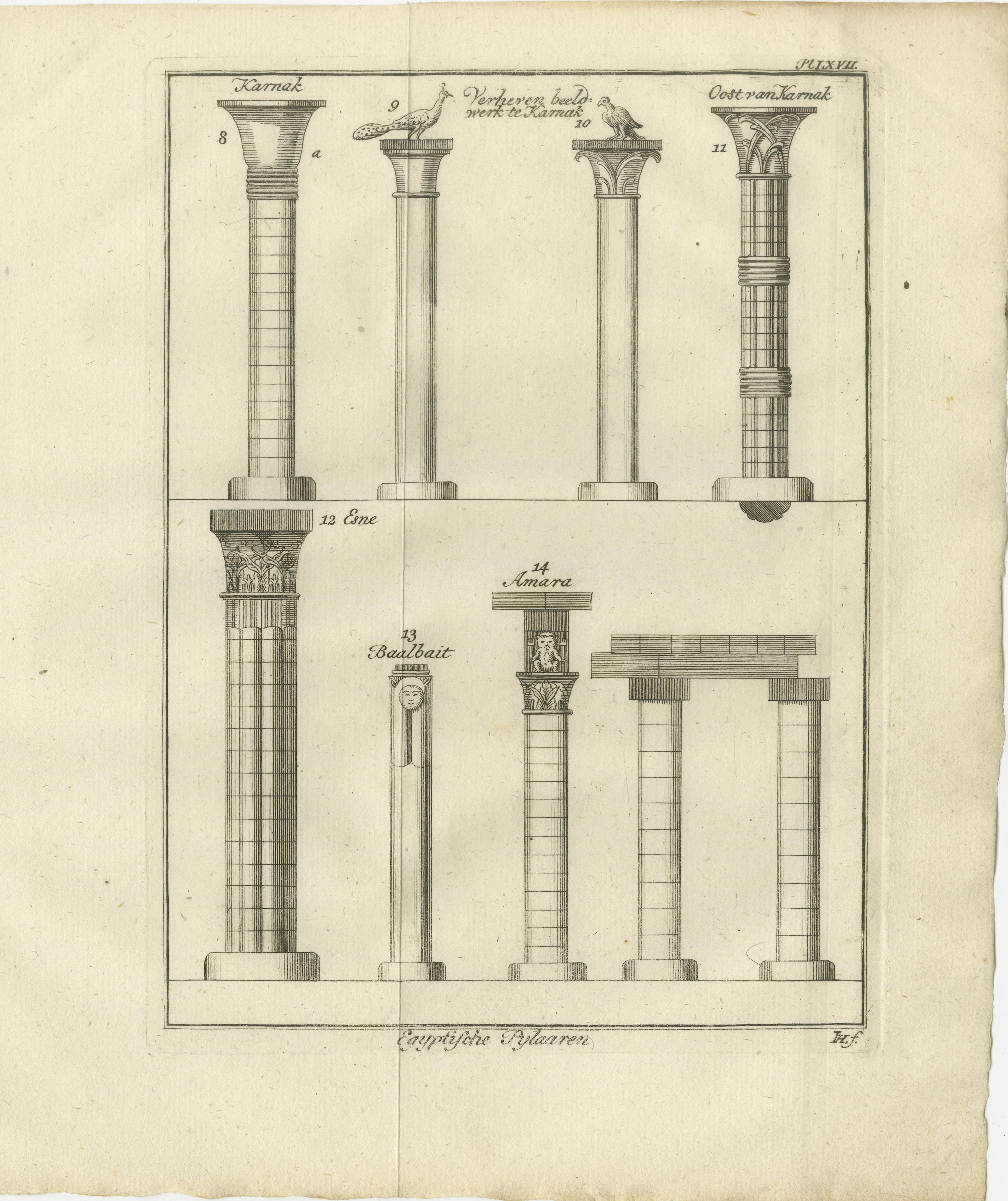 Néerlandais Gravure architecturale de colonnes et de chapiteaux de l'Égypte ancienne, c.1776 en vente