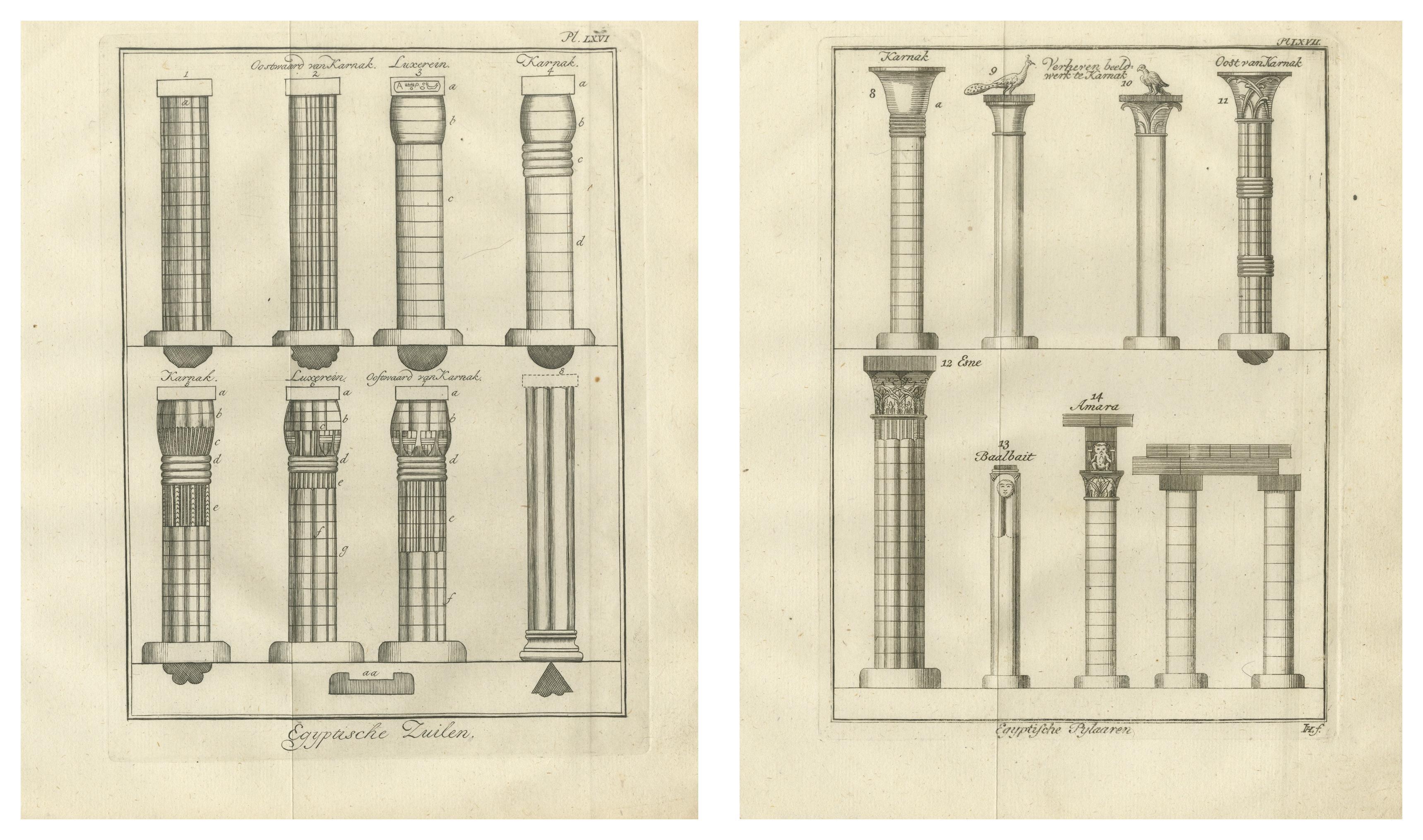 Gravé Gravure architecturale de colonnes et de chapiteaux de l'Égypte ancienne, c.1776 en vente