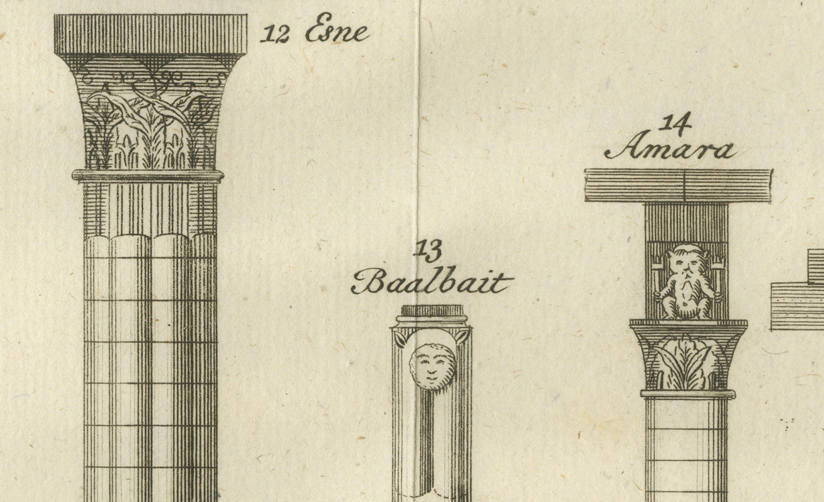 XVIIIe siècle Gravure architecturale de colonnes et de chapiteaux de l'Égypte ancienne, c.1776 en vente