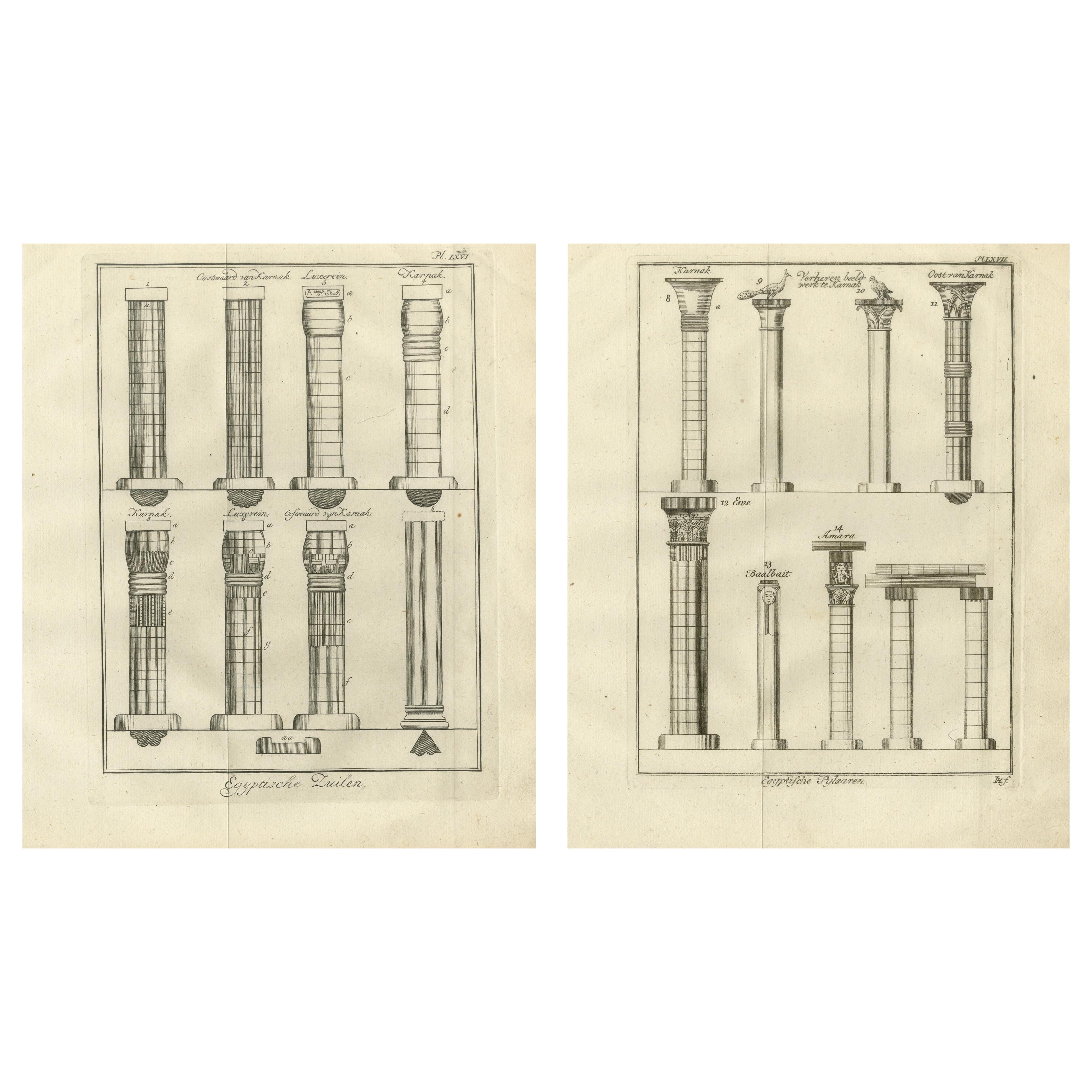 Gravure architecturale de colonnes et de chapiteaux de l'Égypte ancienne, c.1776