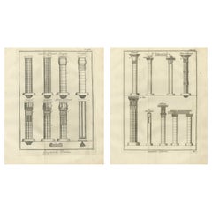Gravure architecturale de colonnes et de chapiteaux de l'Égypte ancienne, c.1776