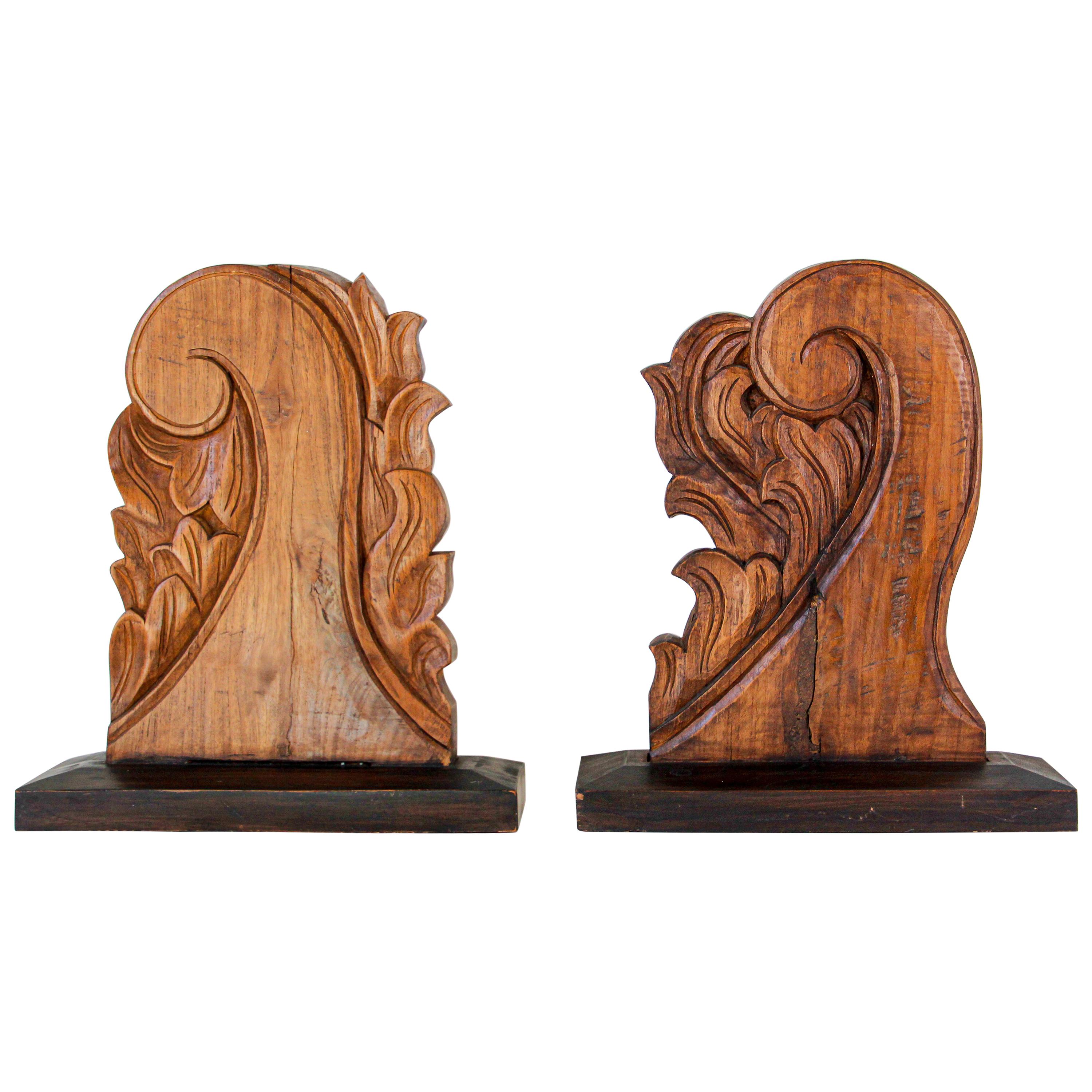 Architectural European Mounted Carved Wood Fragment, Pair