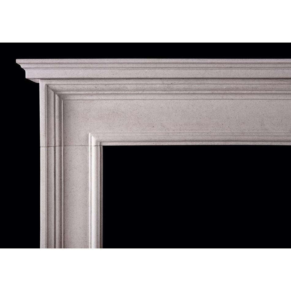 An architectural bolection fireplace with moulded shelf. Shown in limestone, but could be manufactured in marble if required. English, modern. 

Additional information:
Shelf Width: 1441 mm / 56 ¾