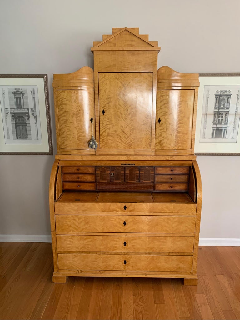 Architectural Form 19th C. Swedish Birch Biedermeier Barrel Roll Secretaire In Good Condition For Sale In St. Louis, MO