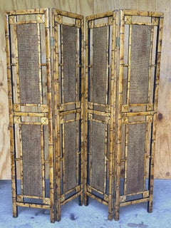 Architectural Four-Panel Faux Bamboo and Rattan Room Divider, 1970s