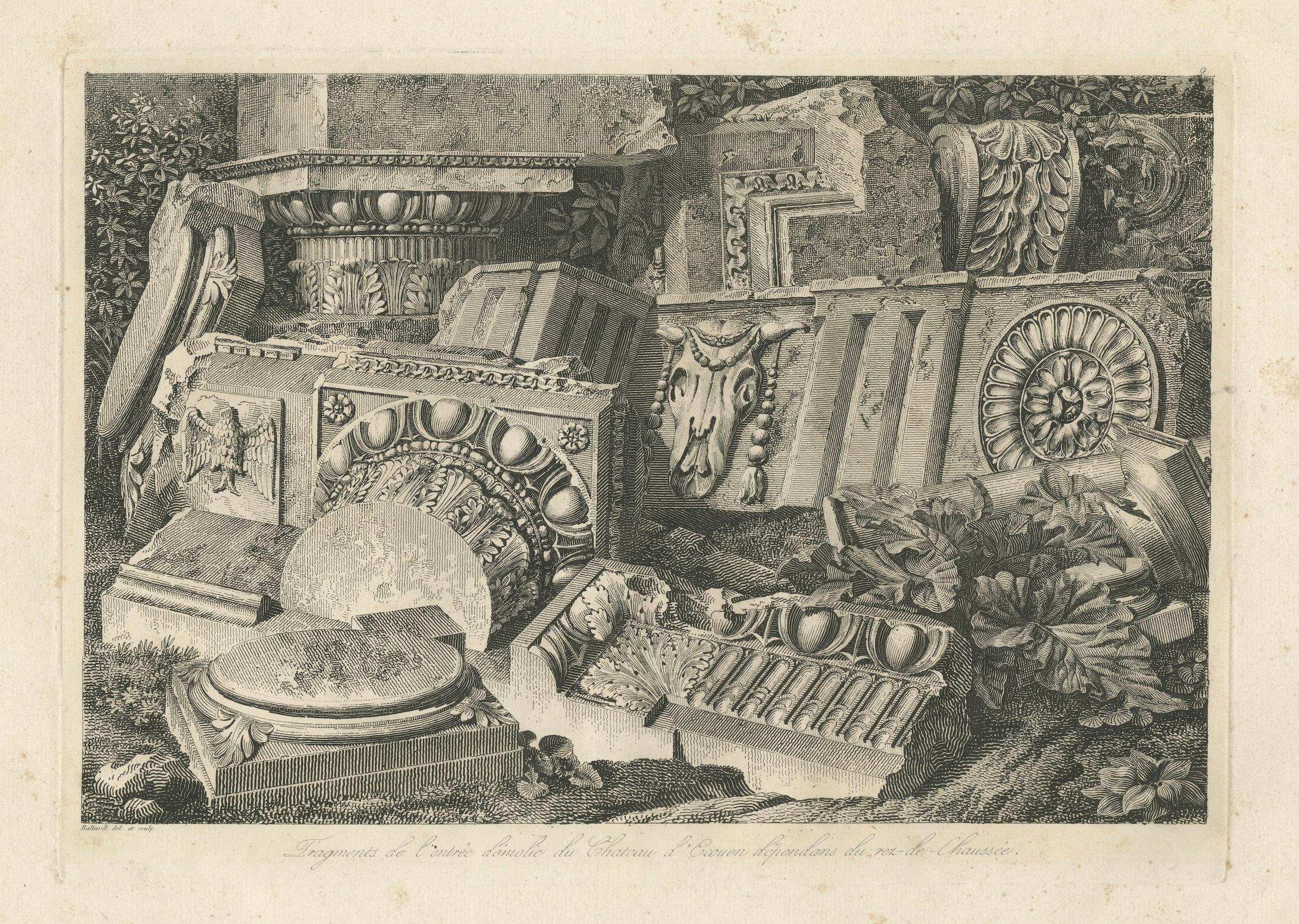 Architektonische Fragmente des Schlosses Écouen - Kupferstich von Louis-Pierre Baltard, um 1800

Ein meisterhafter Architekturstich von Louis-Pierre Baltard (1764-1846) mit dem Titel Fragments de l'entrée démolie du Château d'Écouen dépendants du