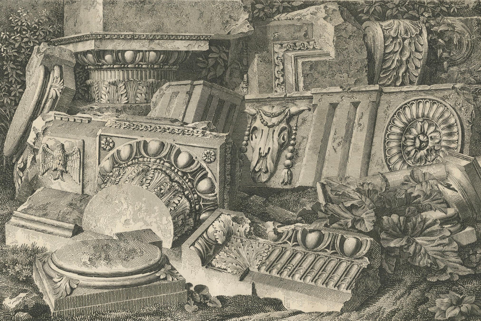 Architektonische Fragmente des Schlosses Écouen - Kupferstich von Baltard, um 1800 (Französisch) im Angebot