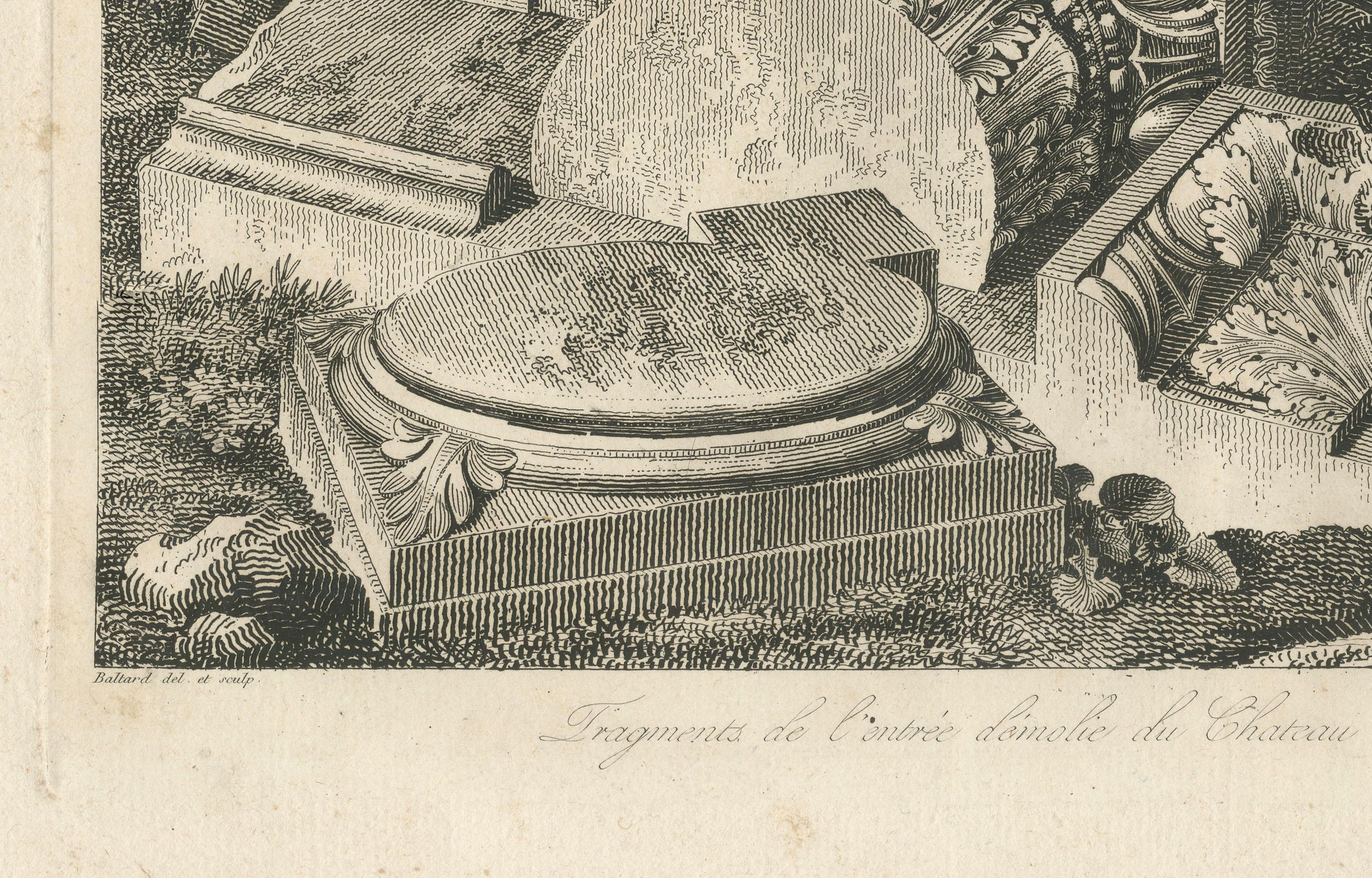 Architektonische Fragmente des Schlosses Écouen - Kupferstich von Baltard, um 1800 im Zustand „Relativ gut“ im Angebot in Langweer, NL