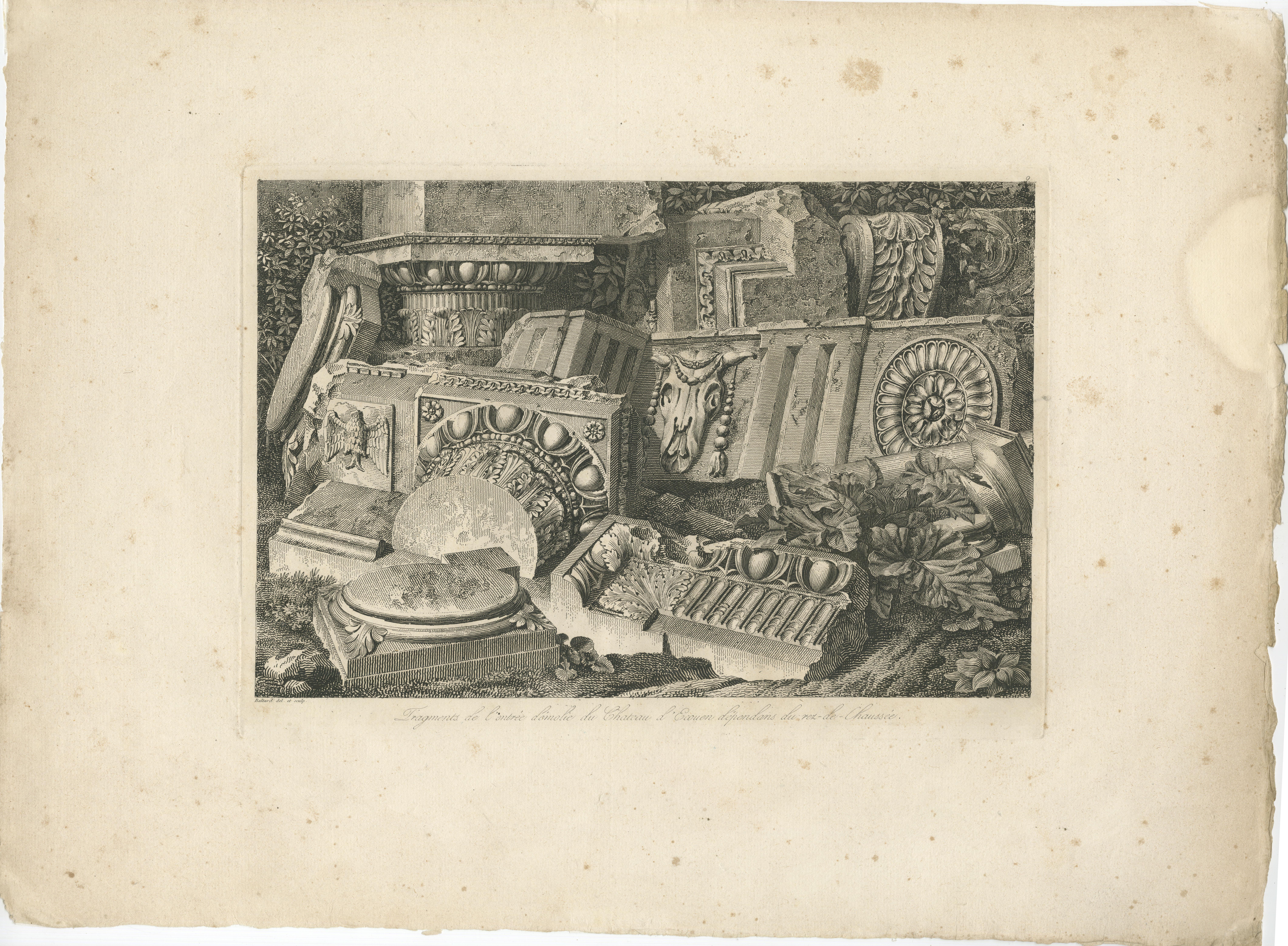 Architektonische Fragmente des Schlosses Écouen - Kupferstich von Baltard, um 1800 (Papier) im Angebot