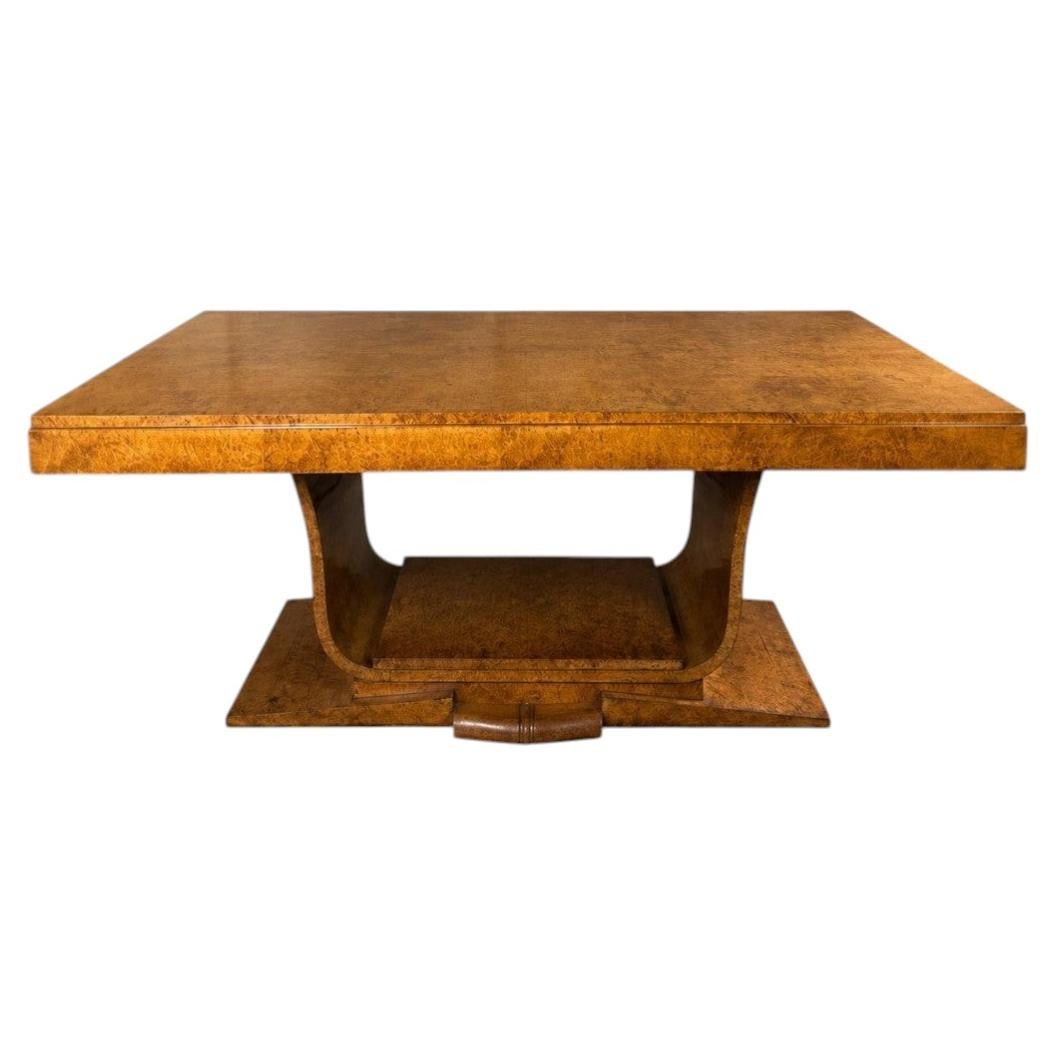 Architectural French Art Deco Burl Veneer Dining Table with Extensions
