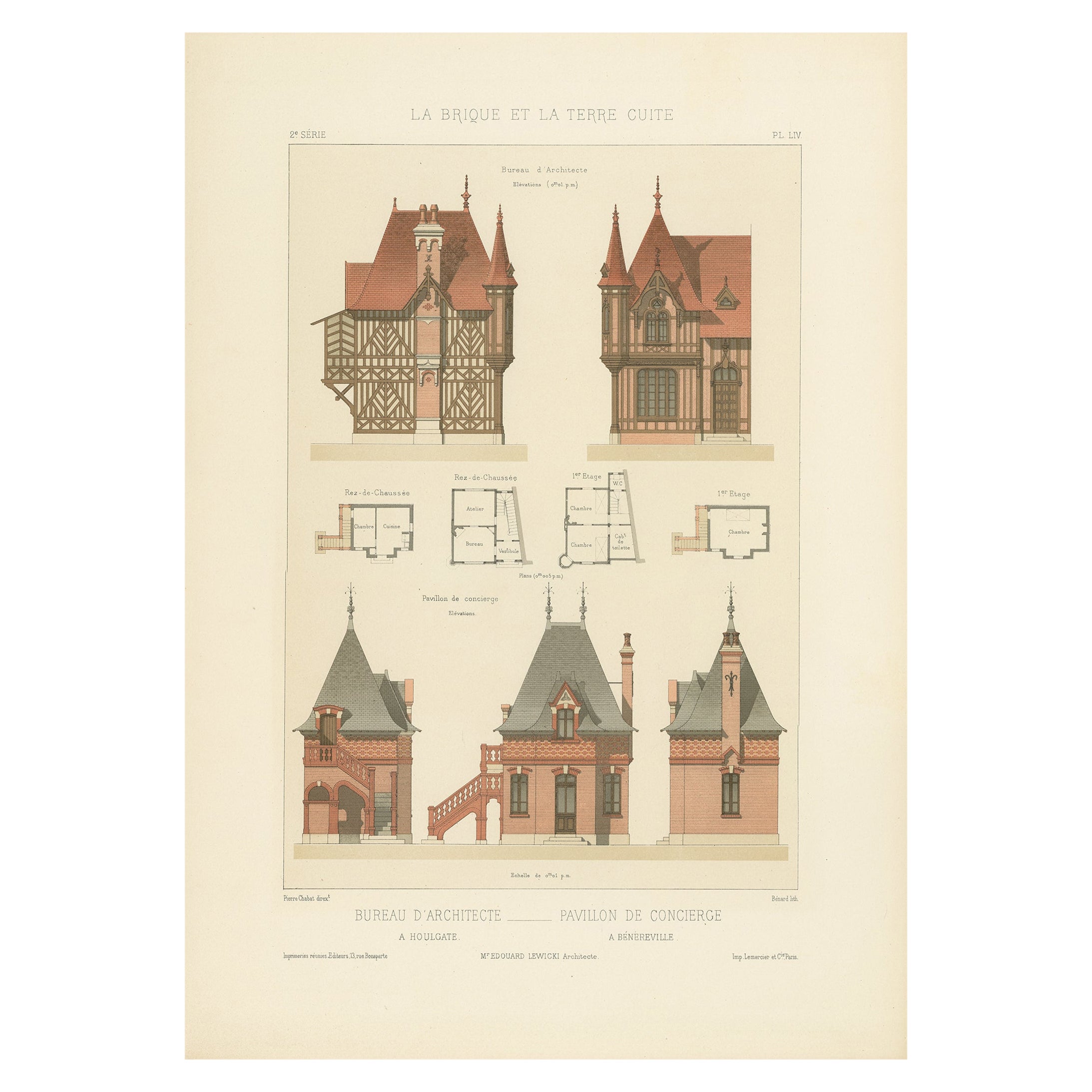 Architektonischer französischer Druck des Pavillon du Concierge in Frankreich, Chabat, um 1900