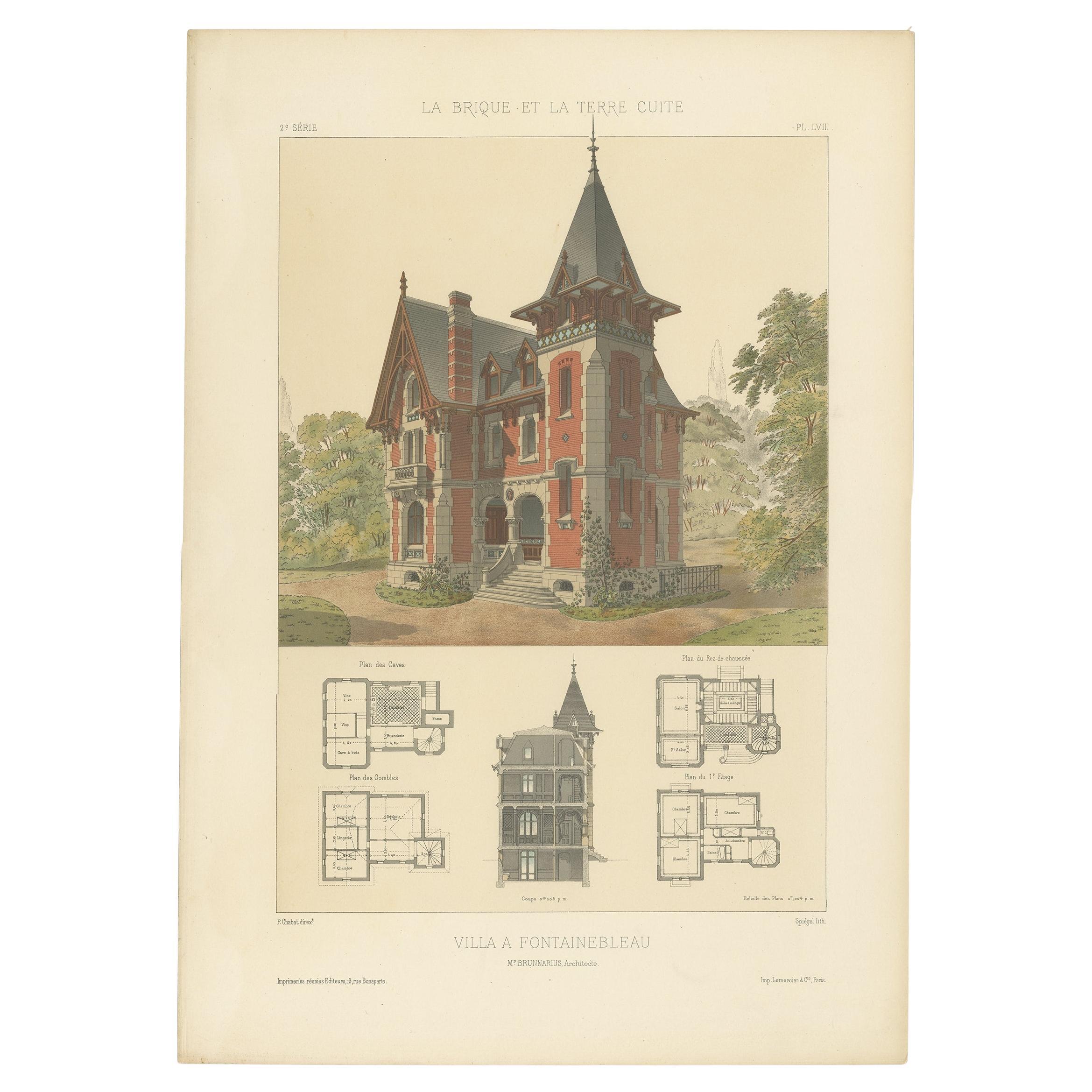 Villa à Fontainebleau – French Architectural Print from La Brique, c.1900 For Sale
