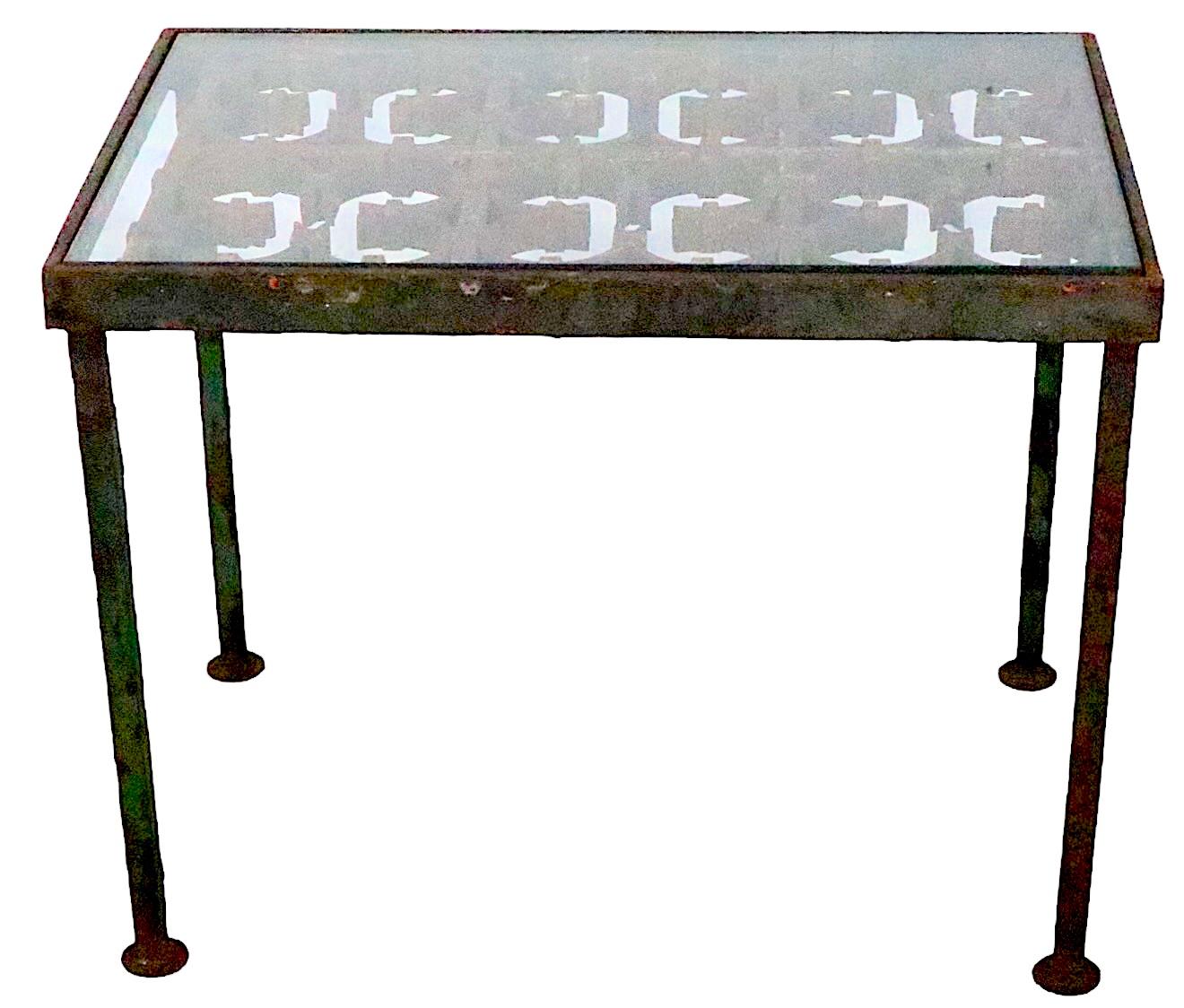 Glass Architectural Garden Patio Side Table constructed of a cast iron panel  For Sale