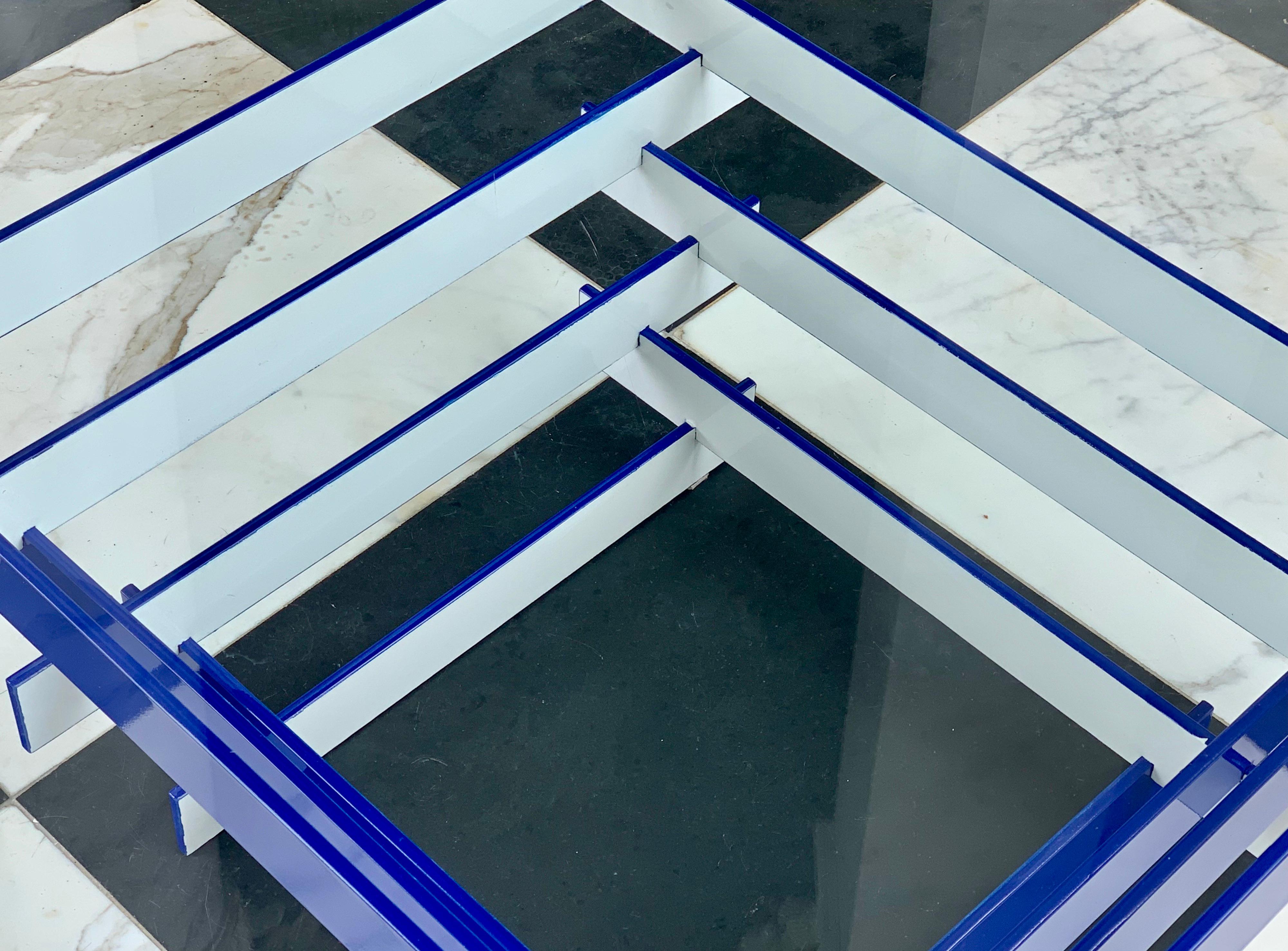 Blue and White Chevron Style Glass Top Coffee Table For Sale 2